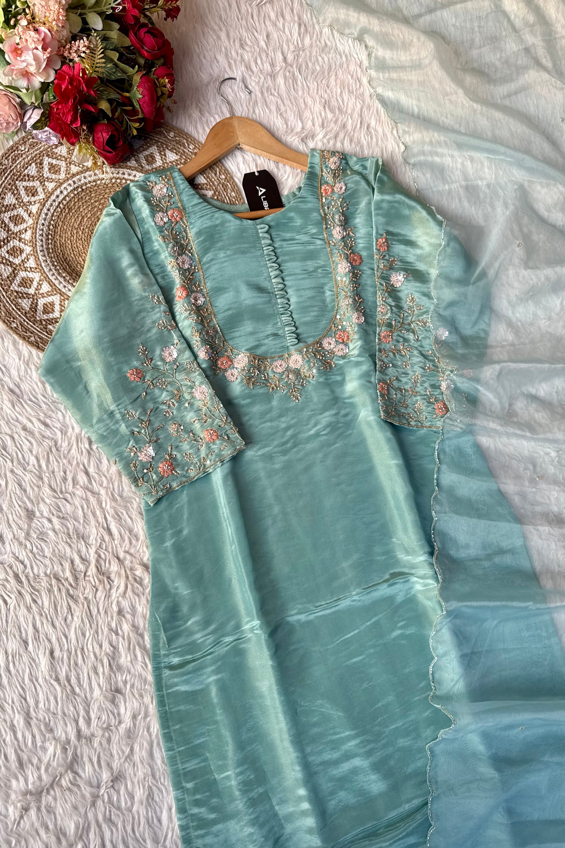 “Naayaab” Premium Pista Green Tissue silk handcrafted kurta set