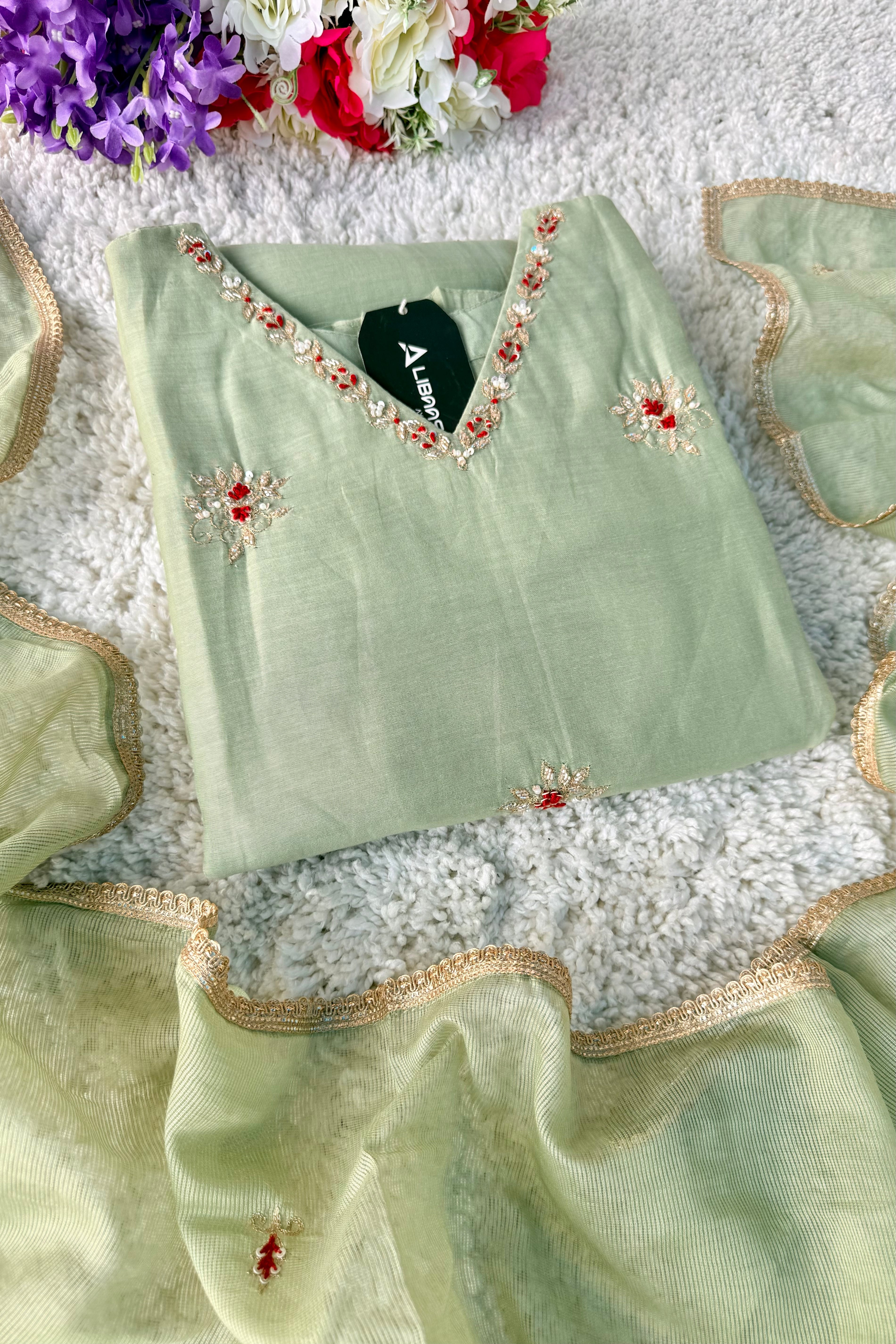 ✨Aabira – Premium Pista Green Mul Chanderi Anarkali kurti set