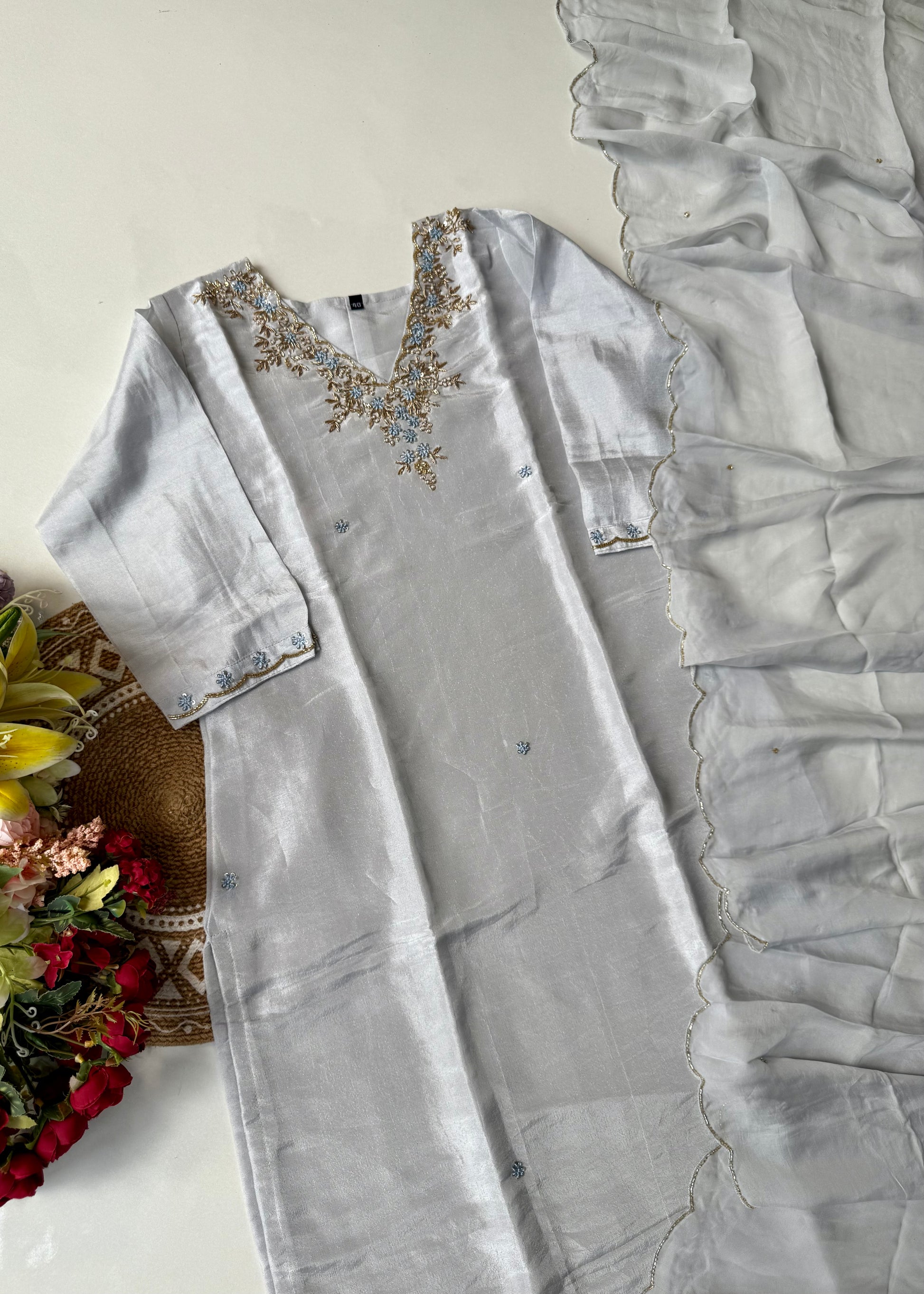 “Aylize” Graceful Pastel shade Tisse Silk Handwork Suit Set