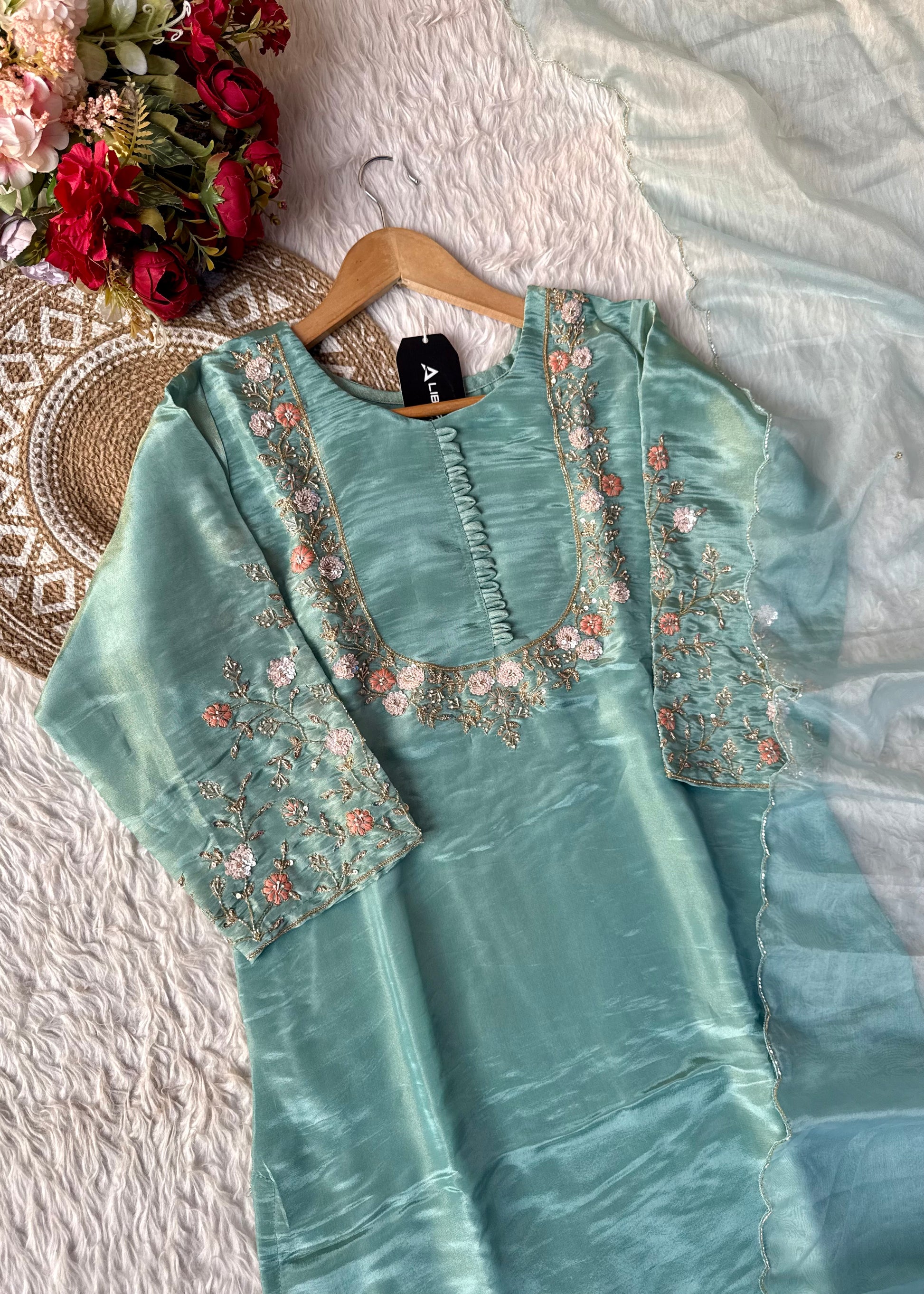 “Naayaab” Premium Pista Green Tissue silk handcrafted kurta set