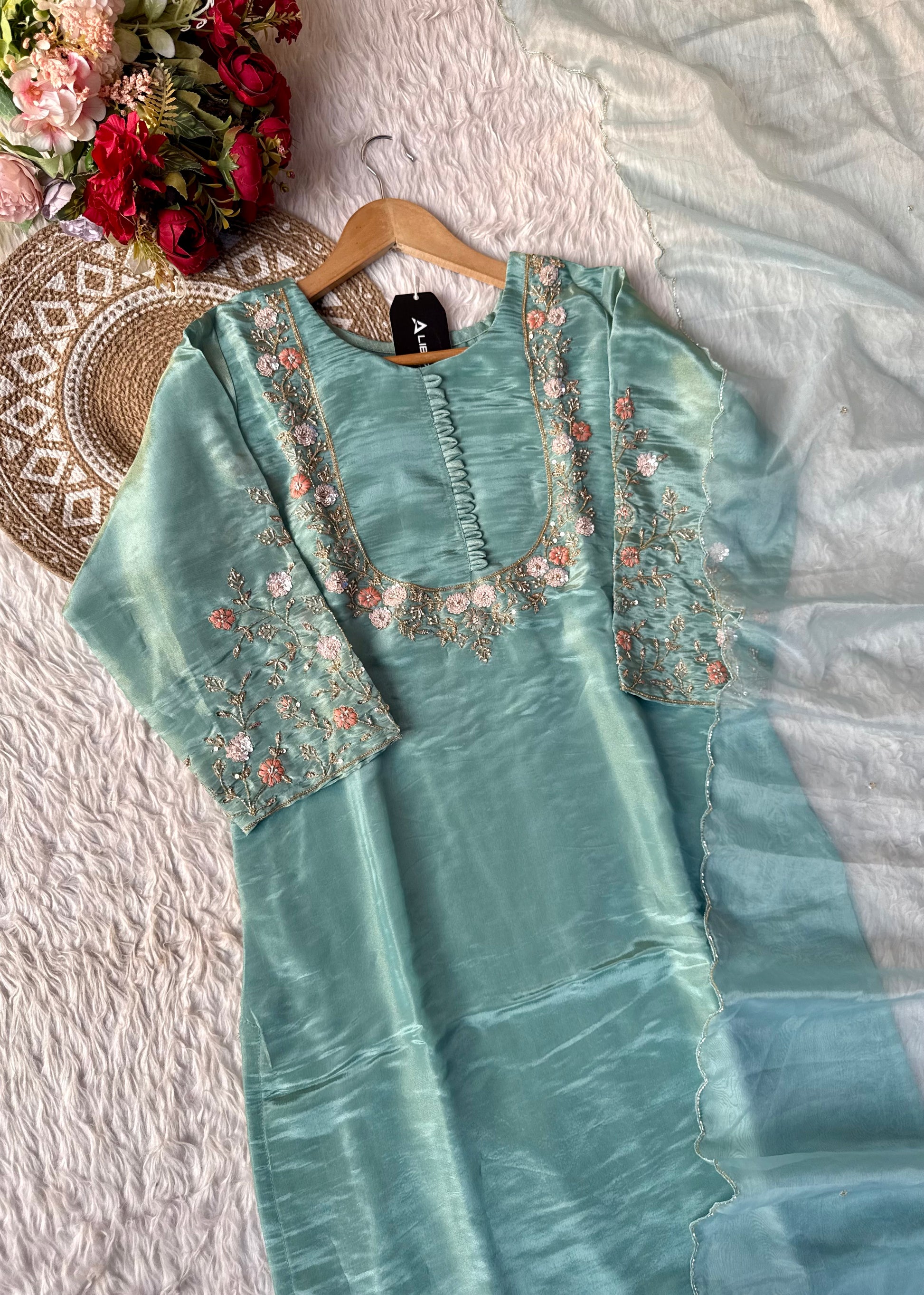 “Naayaab” Premium Pista Green Tissue silk handcrafted kurta set