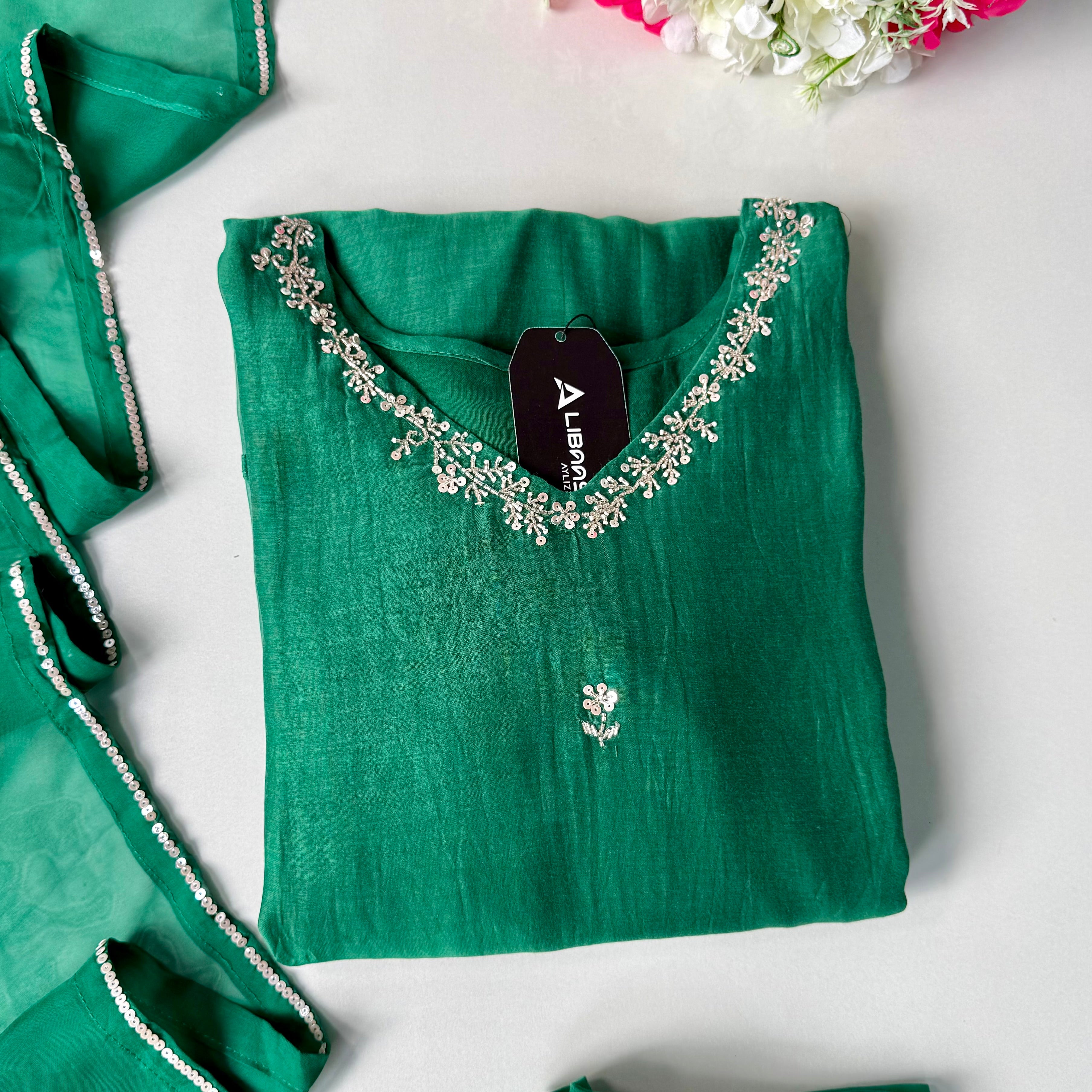 ✨”Eshal - Premium Green Mul Chanderi A-Line Kurta Set