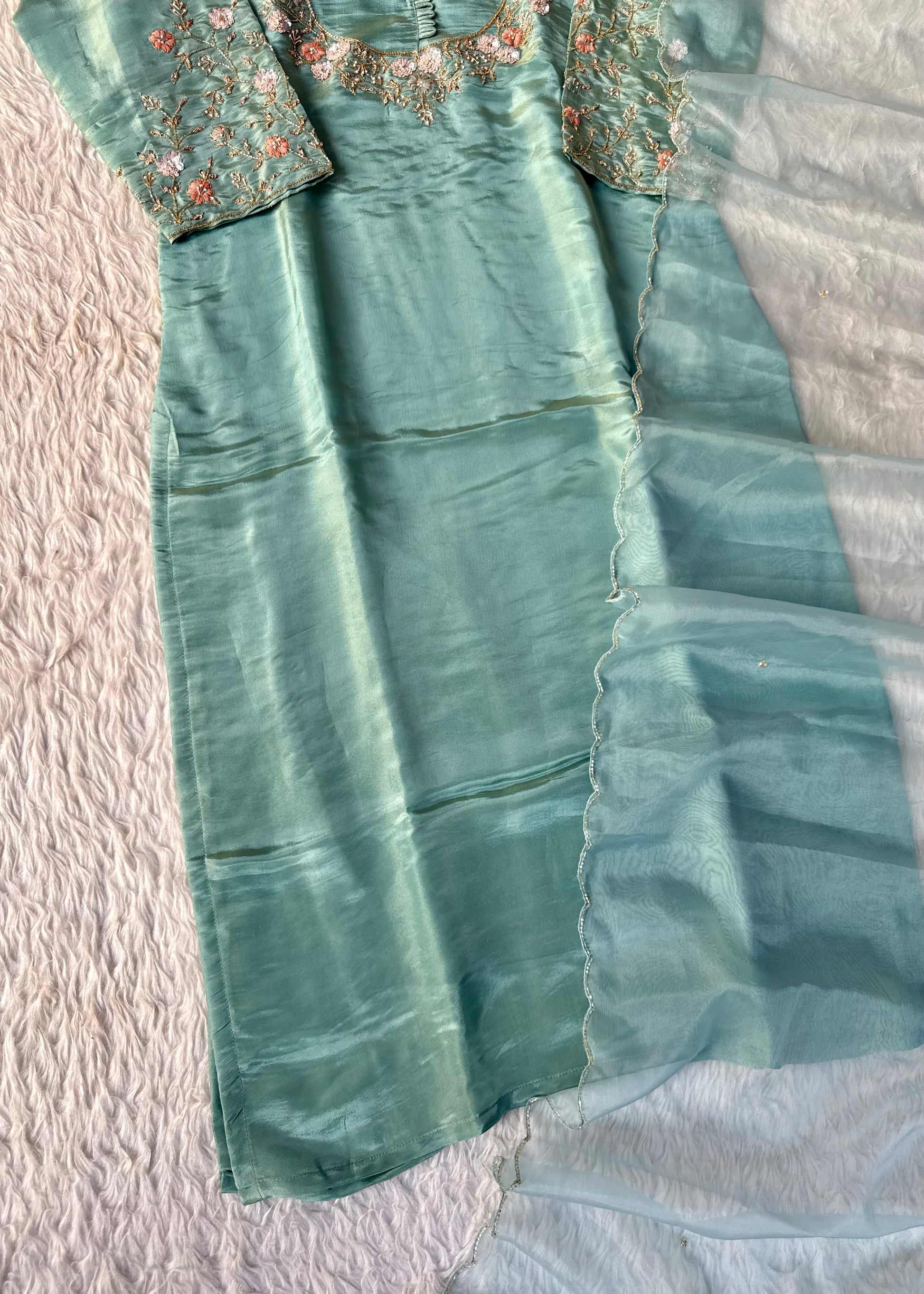 “Naayaab” Premium Pista Green Tissue silk handcrafted kurta set