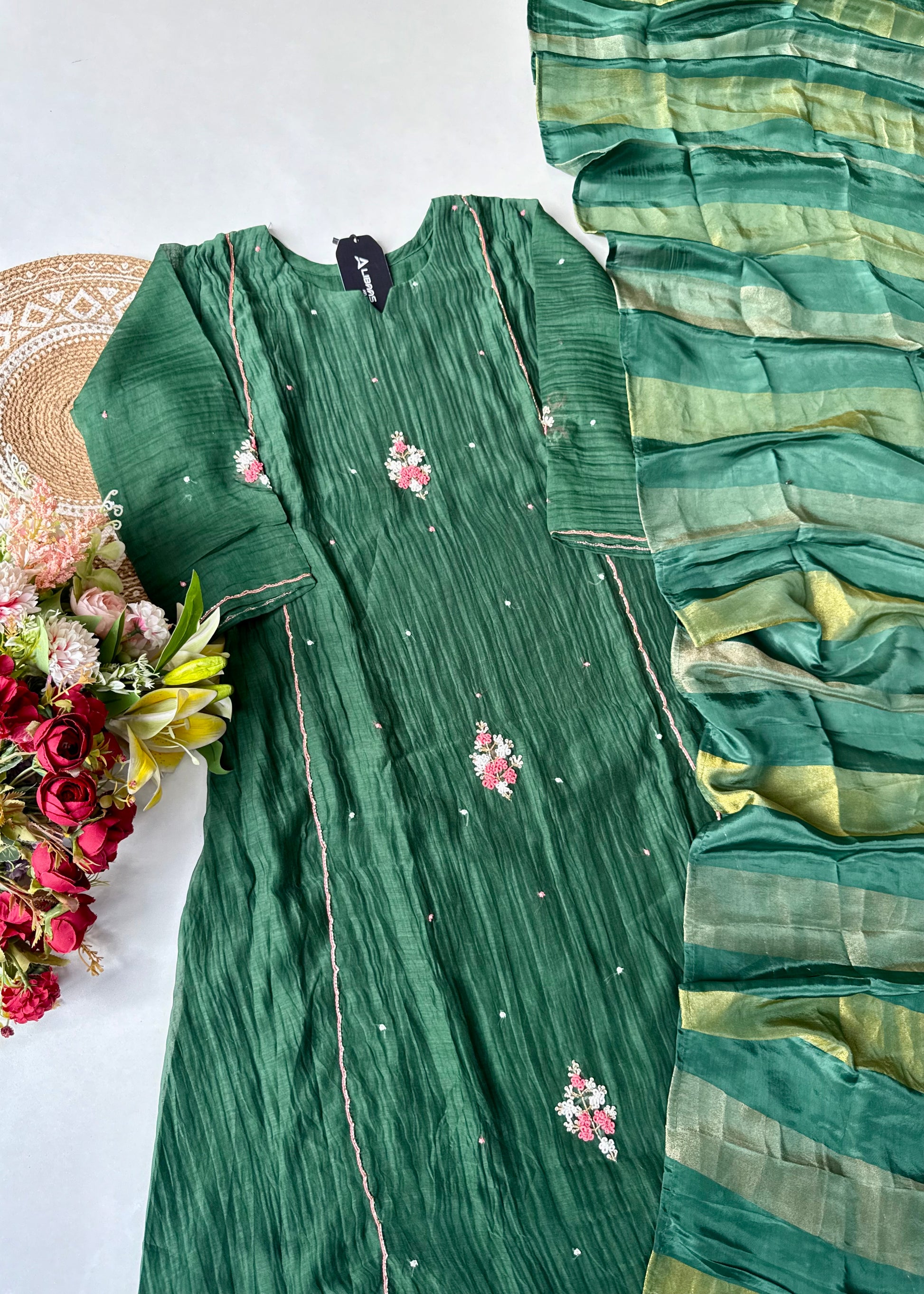 “Myra” Green Mul Chanderi A-Line Anarkali Kurta
