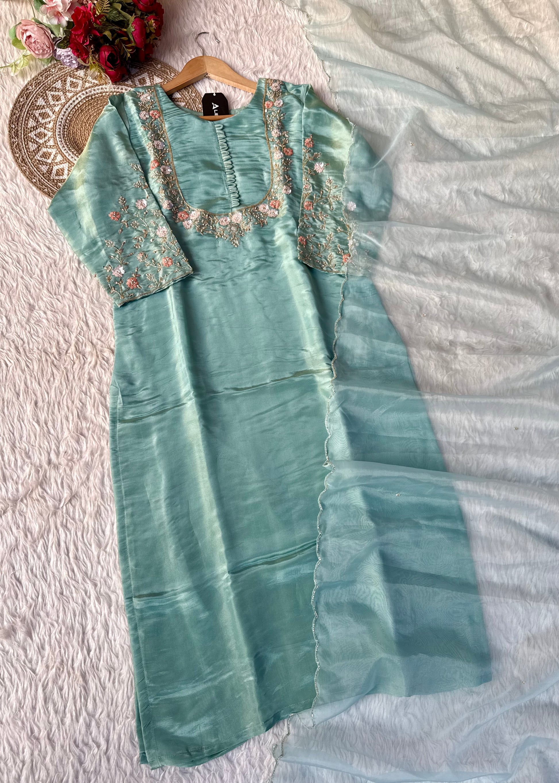 “Naayaab” Premium Pista Green Tissue silk handcrafted kurta set