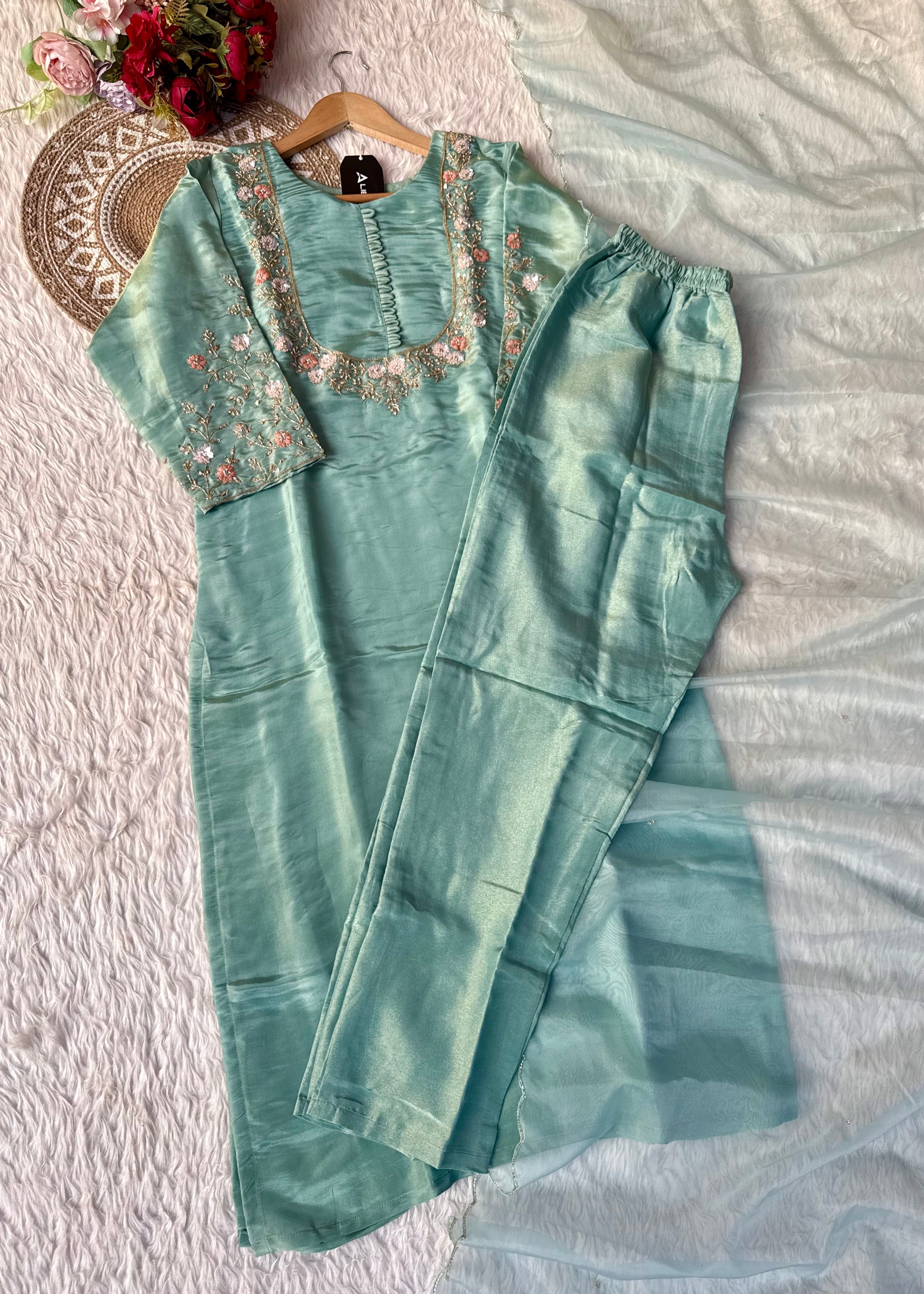 “Naayaab” Premium Pista Green Tissue silk handcrafted kurta set