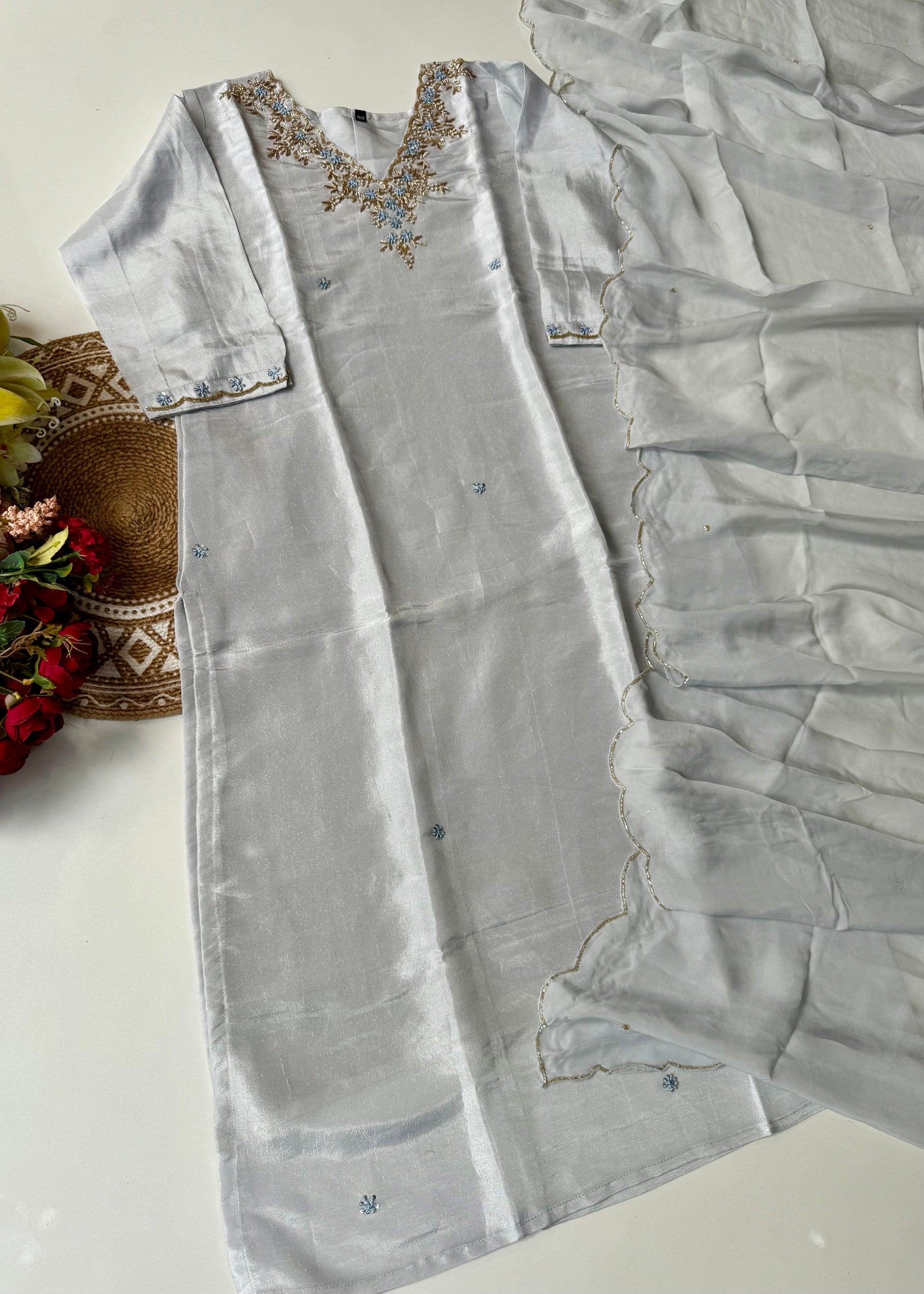 “Aylize” Graceful Pastel shade Tisse Silk Handwork Suit Set