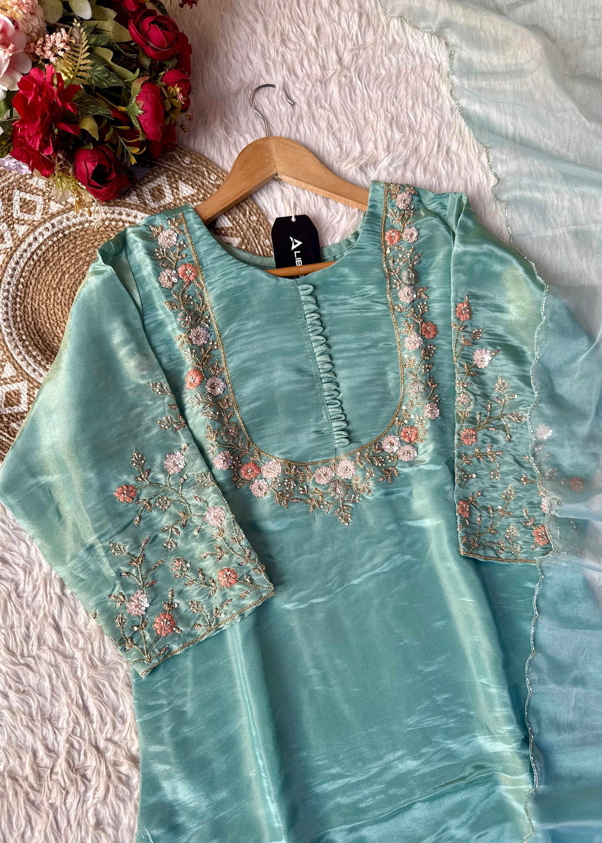 “Naayaab” Premium Pista Green Tissue silk handcrafted kurta set