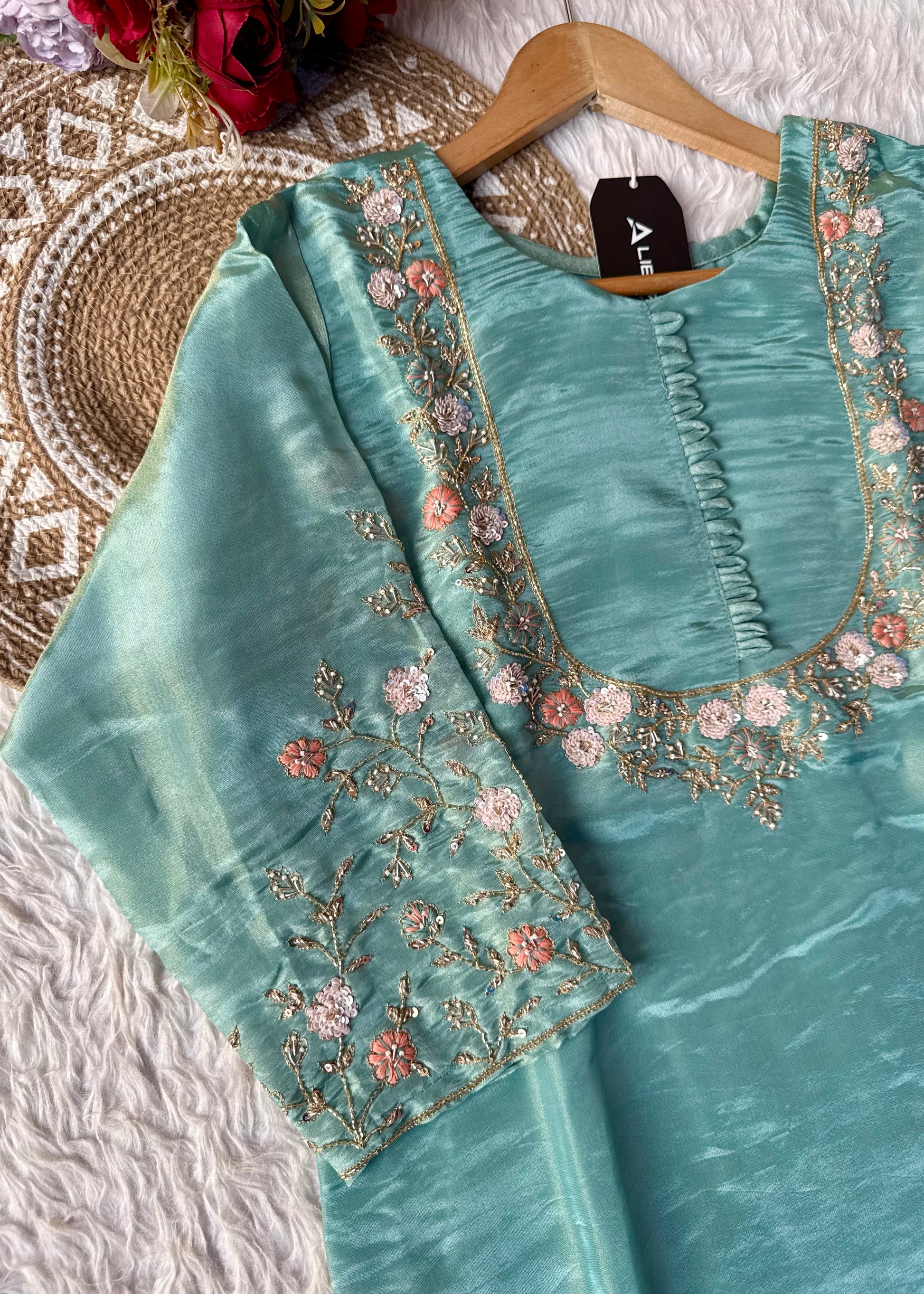 “Naayaab” Premium Pista Green Tissue silk handcrafted kurta set