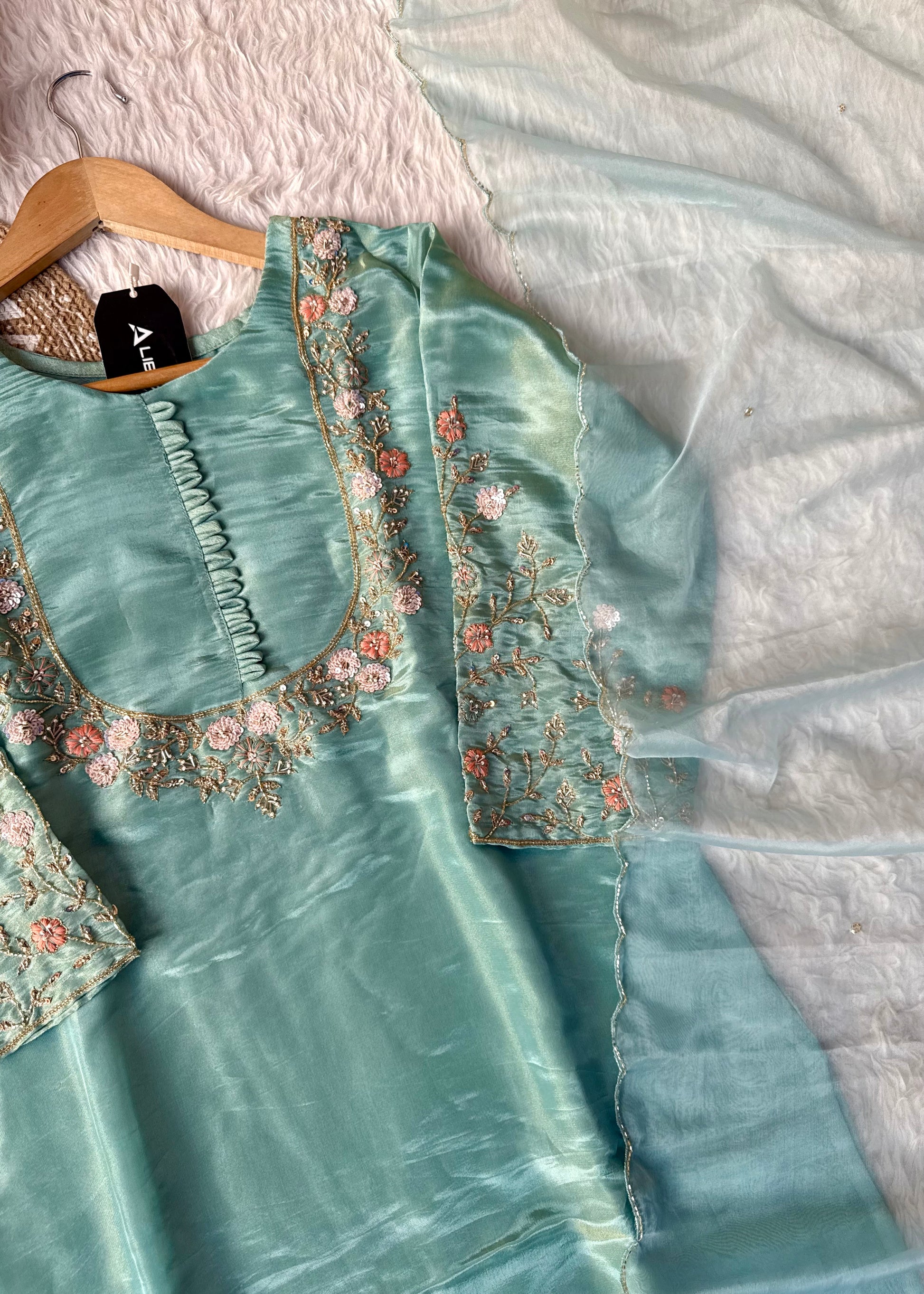 “Naayaab” Premium Pista Green Tissue silk handcrafted kurta set