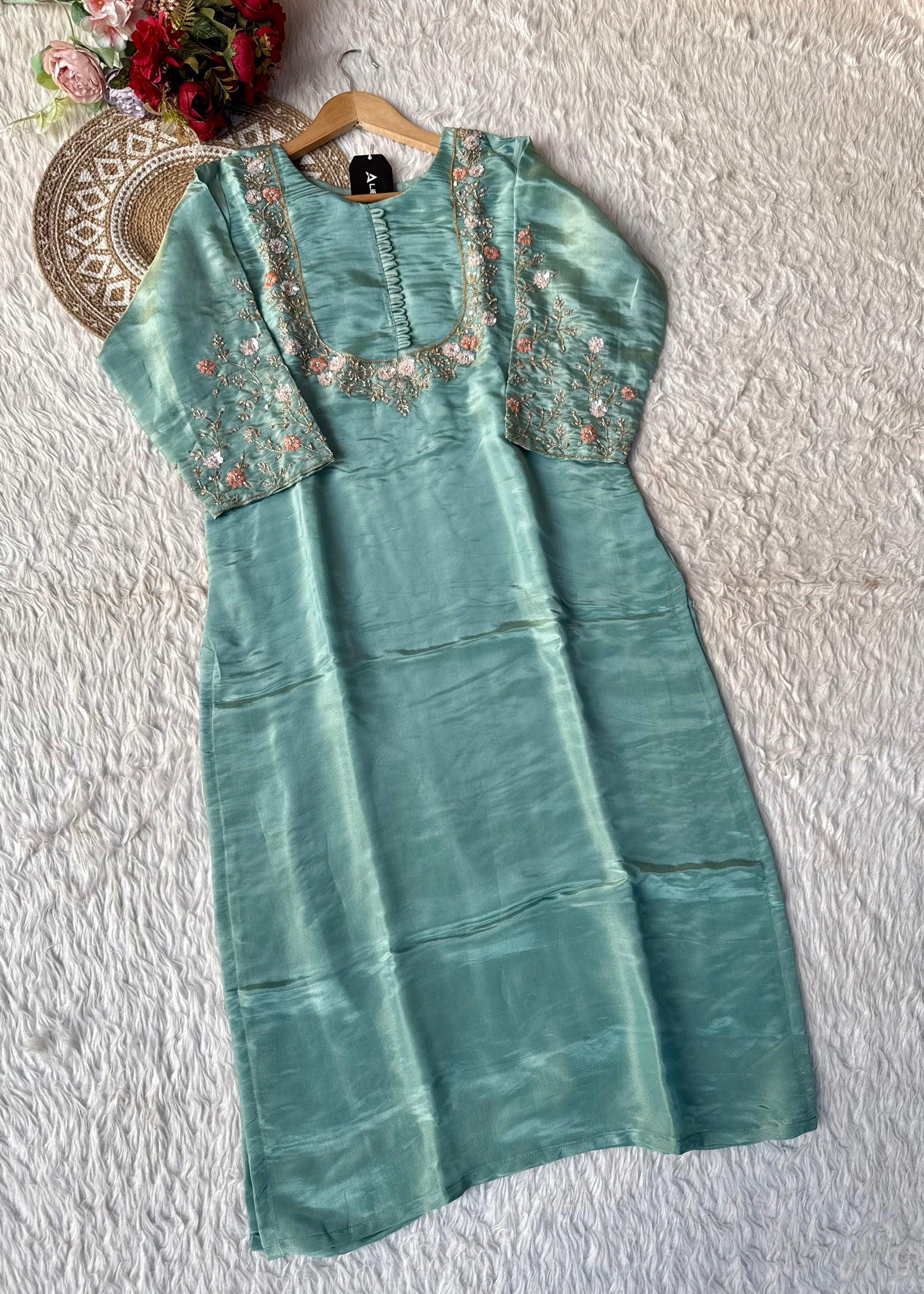 “Naayaab” Premium Pista Green Tissue silk handcrafted kurta set