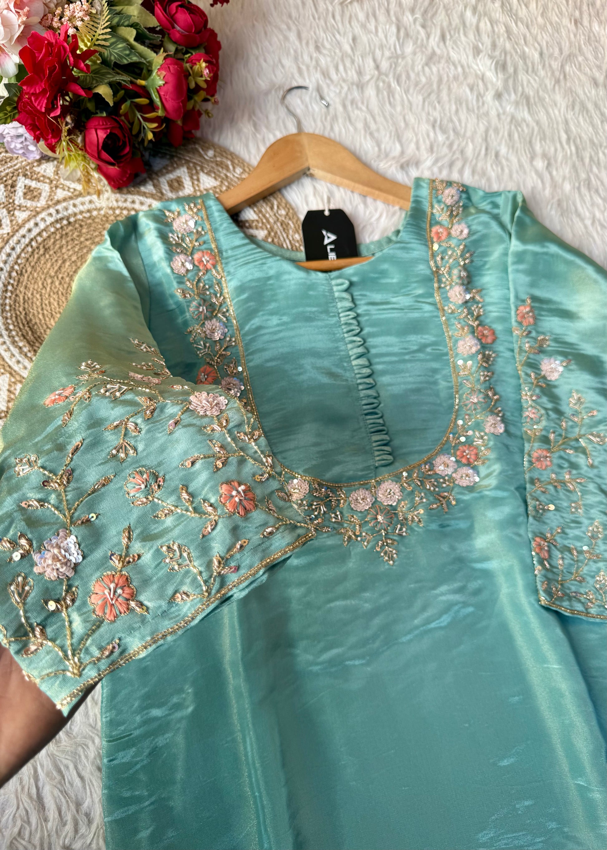 “Naayaab” Premium Pista Green Tissue silk handcrafted kurta set