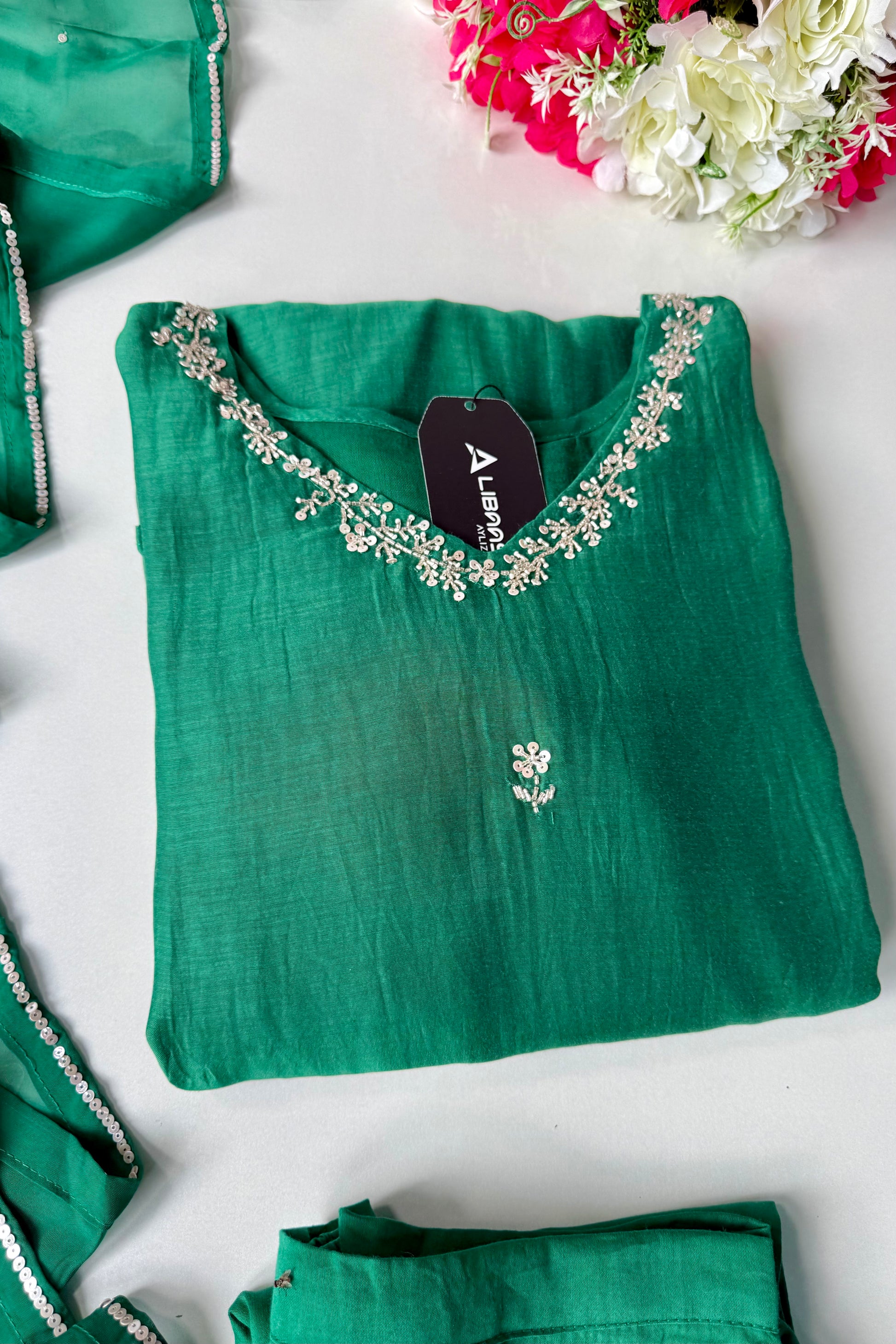 ✨”Eshal - Premium Green Mul Chanderi A-Line Kurta Set