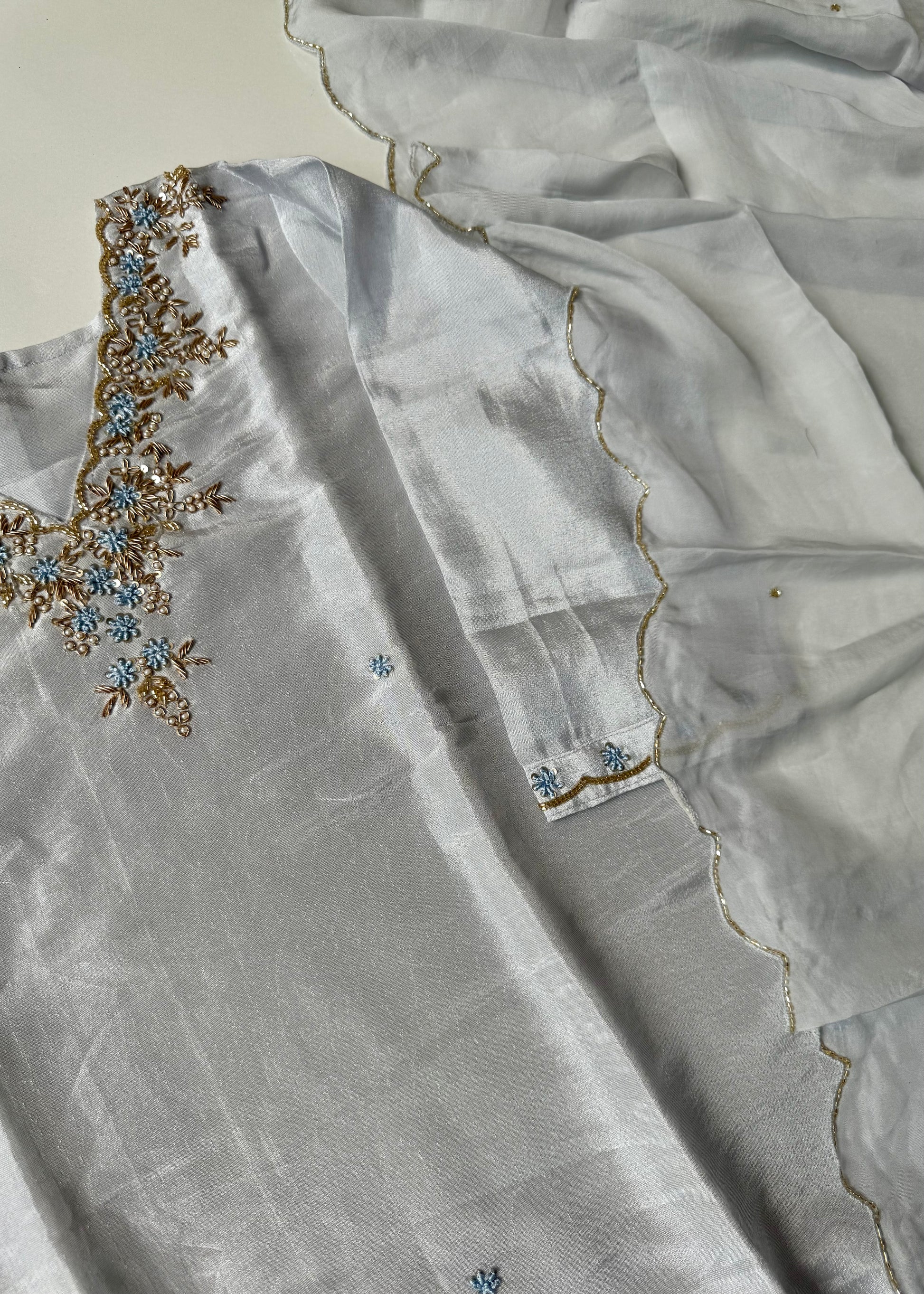 “Aylize” Graceful Pastel shade Tisse Silk Handwork Suit Set