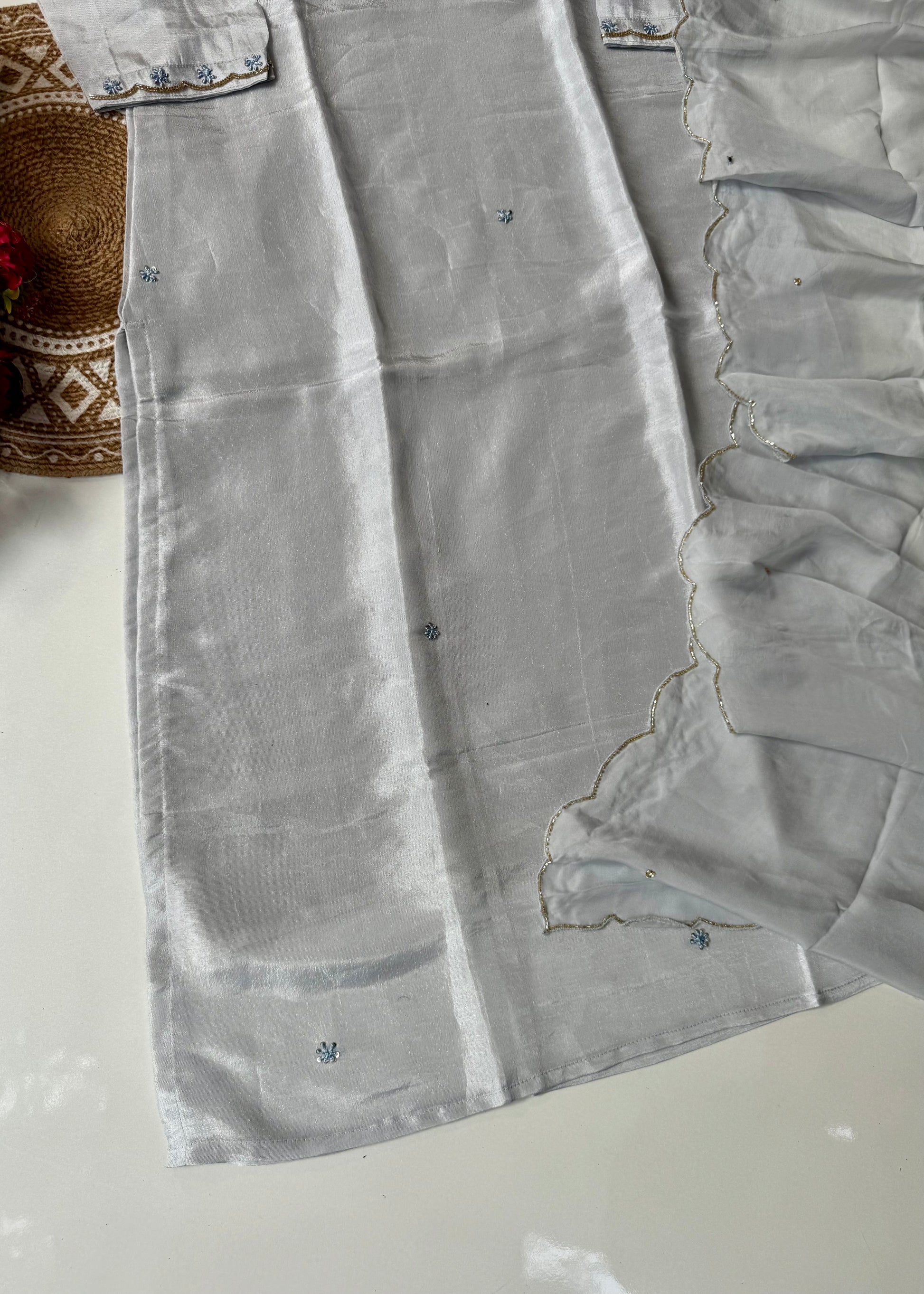 “Aylize” Graceful Pastel shade Tisse Silk Handwork Suit Set