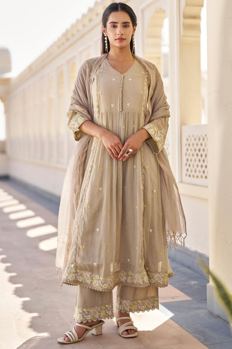 “Sana” Premium Sand Beige Cotton Embroidered Anarkali kurta set