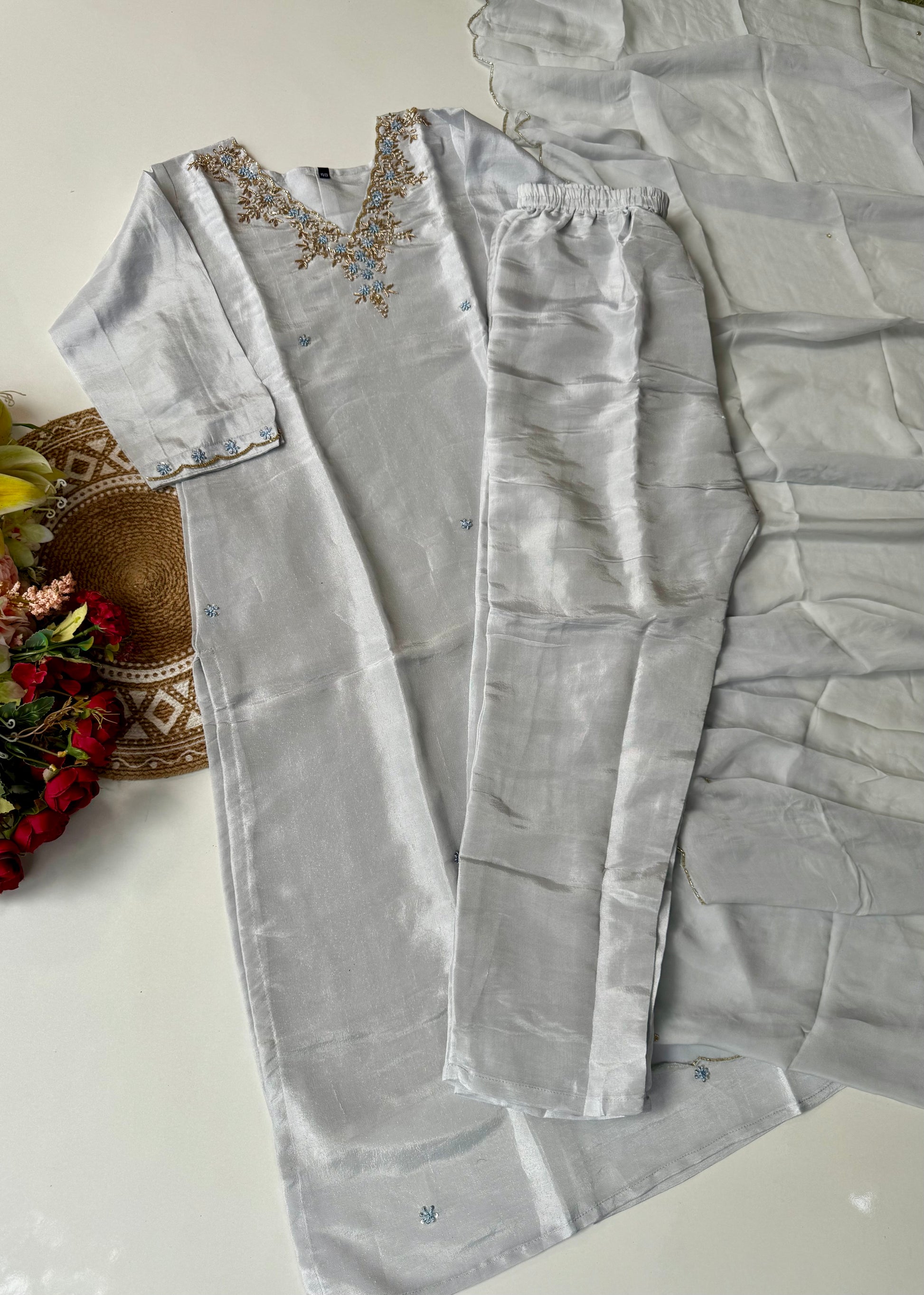“Aylize” Graceful Pastel shade Tisse Silk Handwork Suit Set