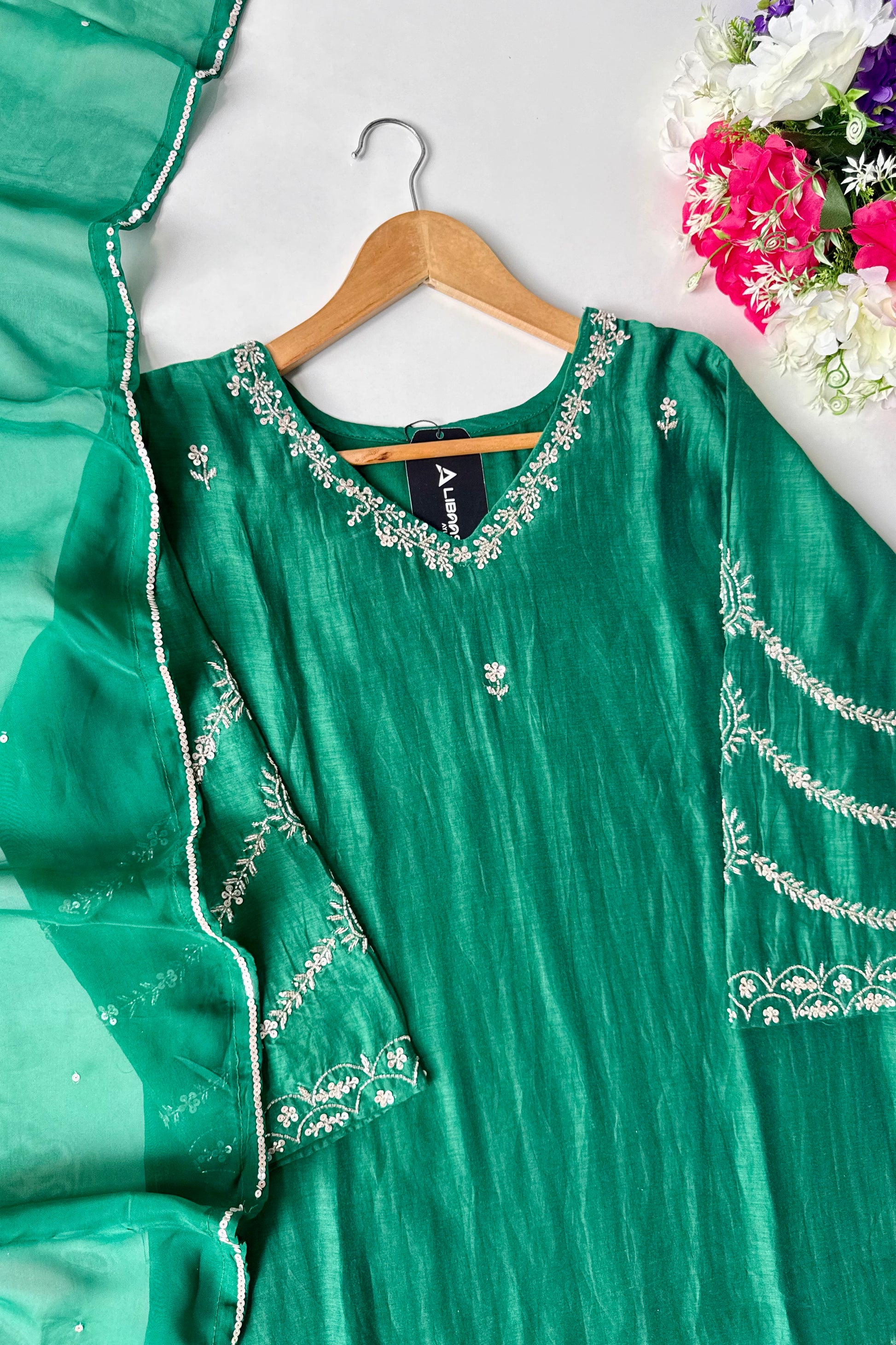 ✨”Eshal - Premium Green Mul Chanderi A-Line Kurta Set
