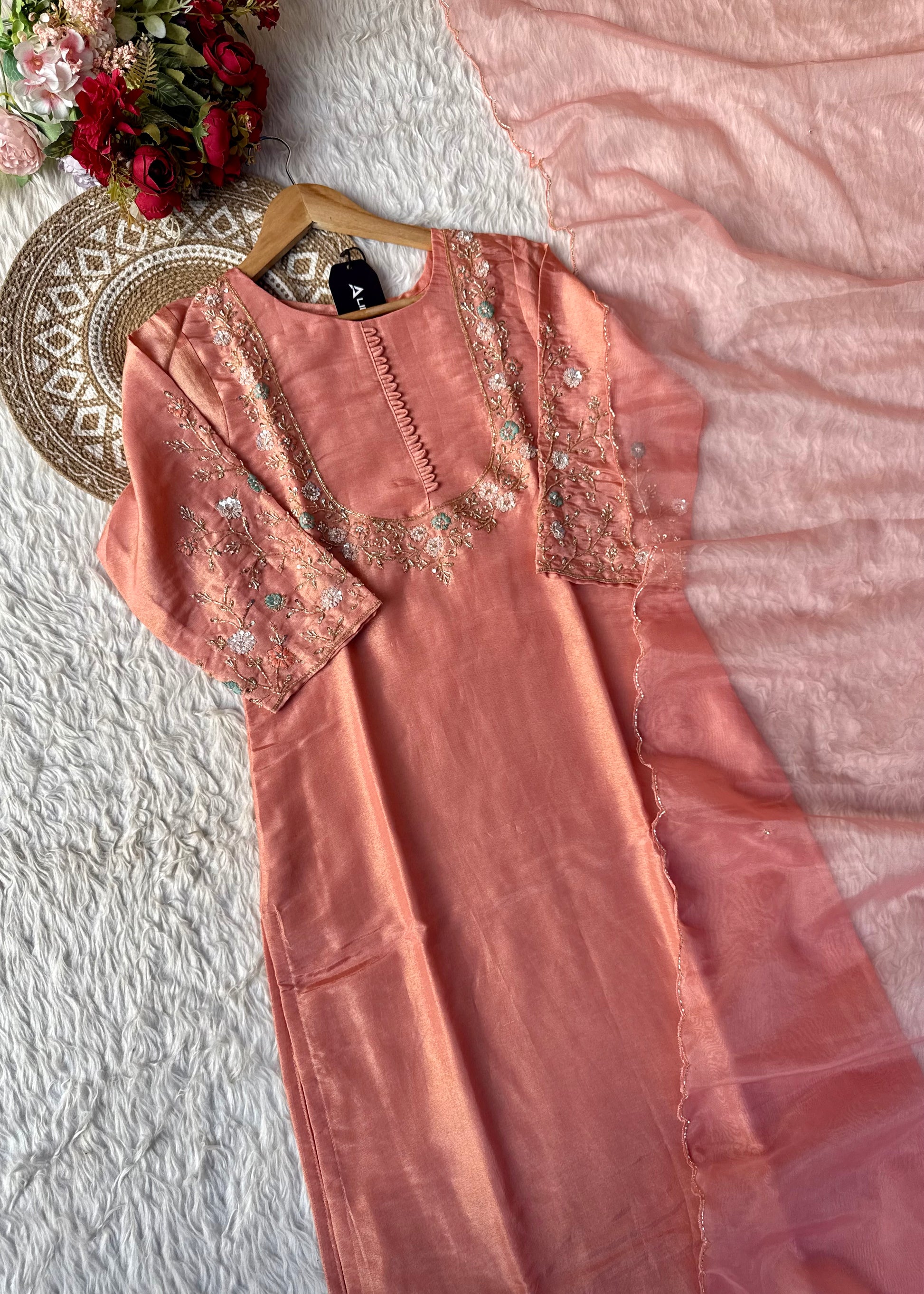 “Naayaab” Premium Peach Tissue silk handcrafted kurta set