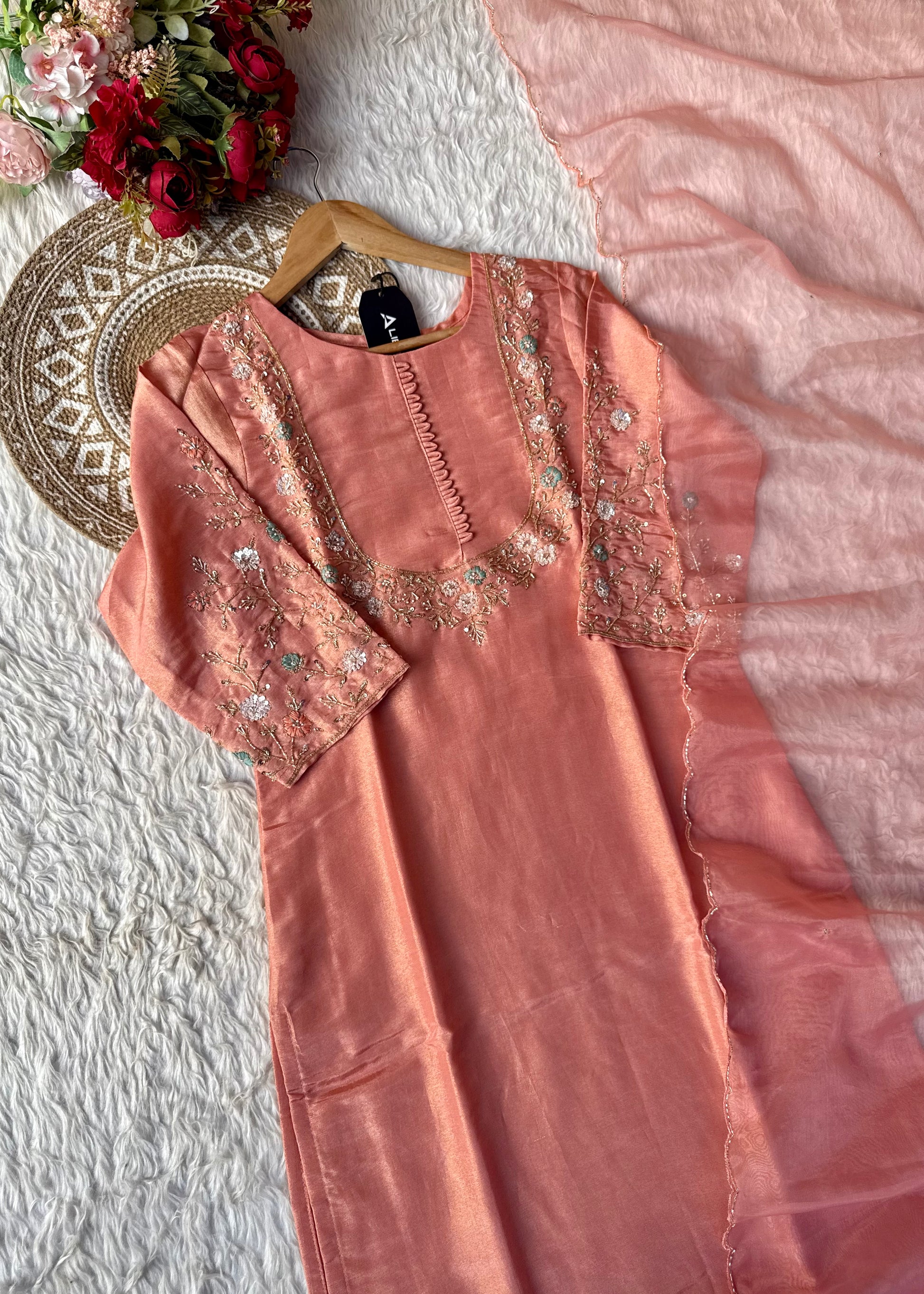 “Naayaab” Premium Peach Tissue silk handcrafted kurta set