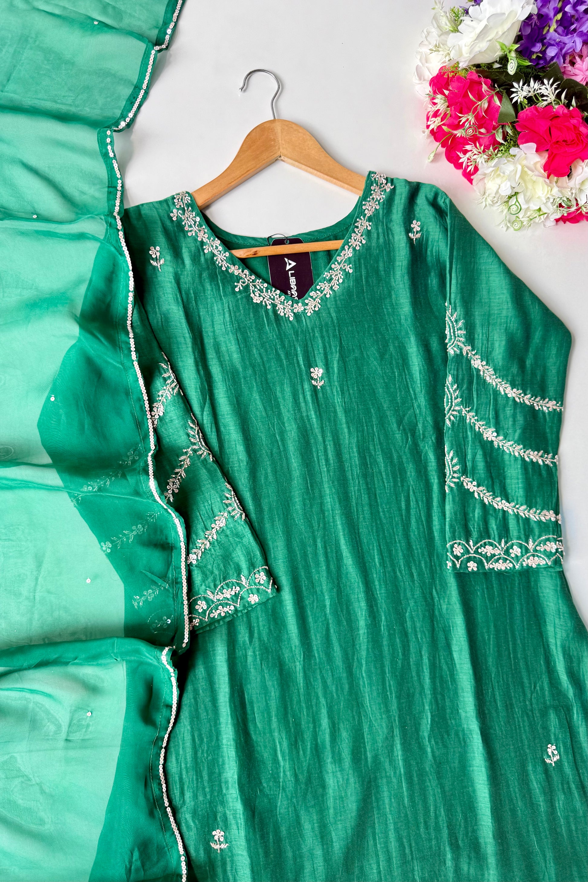 ✨”Eshal - Premium Green Mul Chanderi A-Line Kurta Set