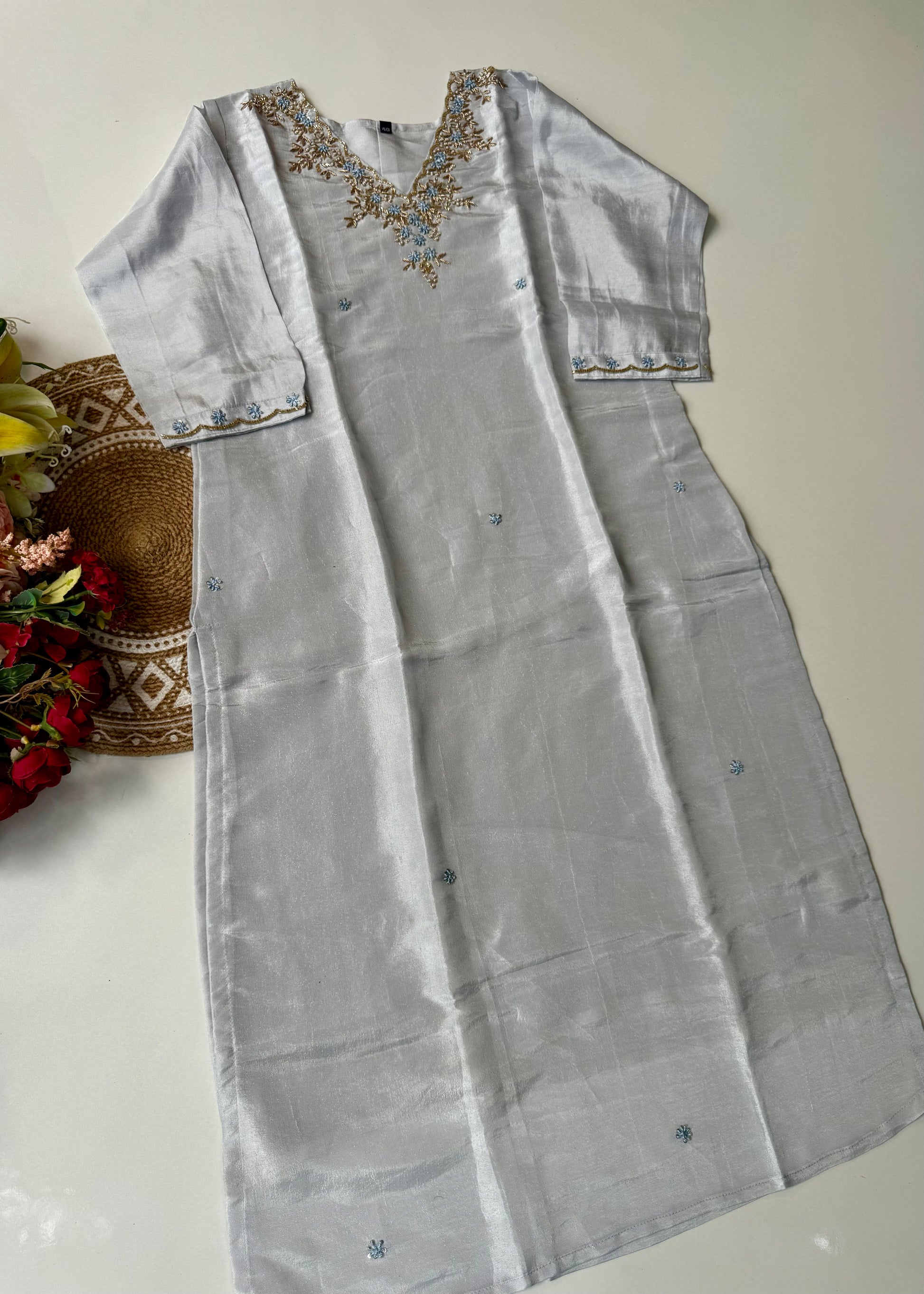 “Aylize” Graceful Pastel shade Tisse Silk Handwork Suit Set