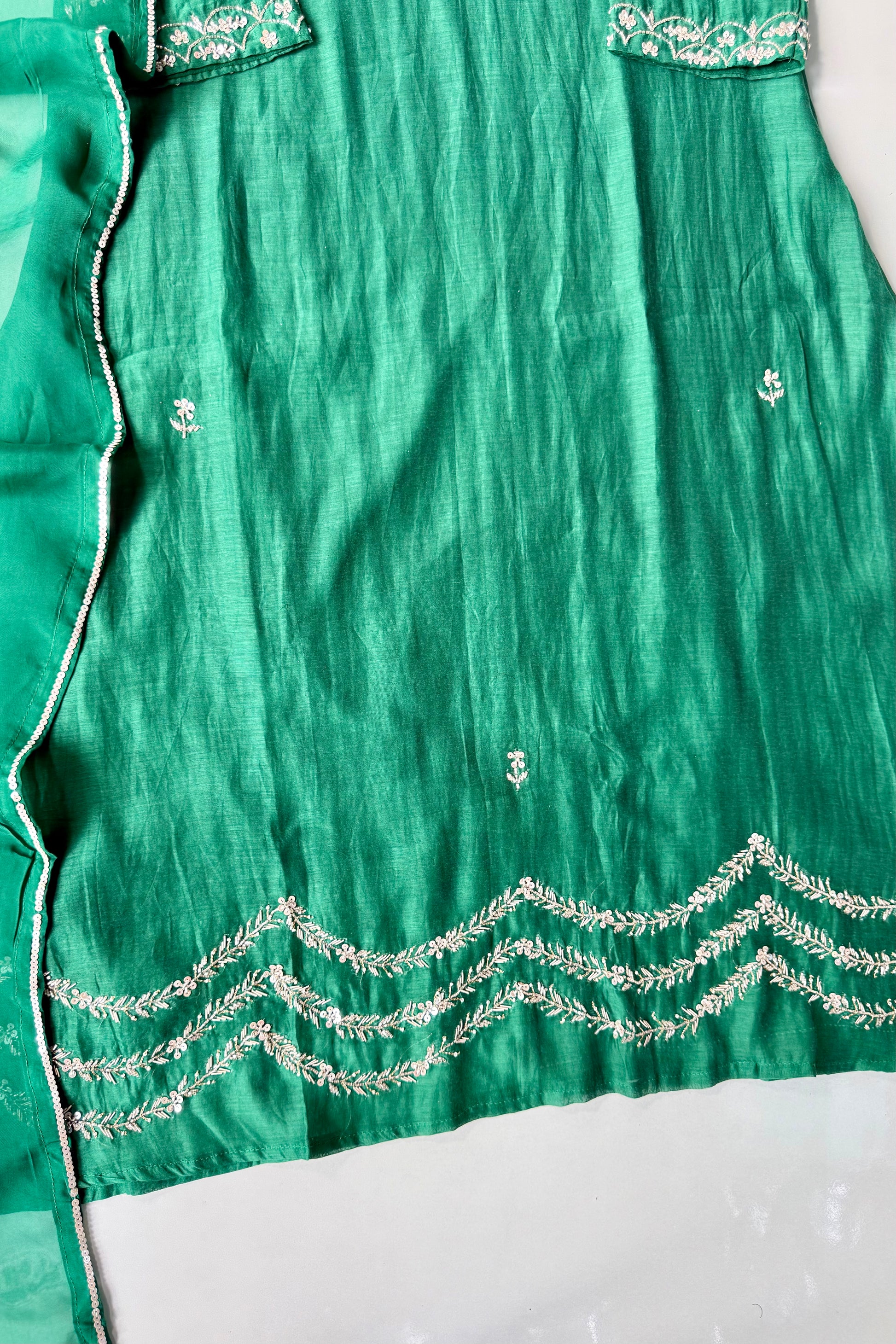 ✨”Eshal - Premium Green Mul Chanderi A-Line Kurta Set