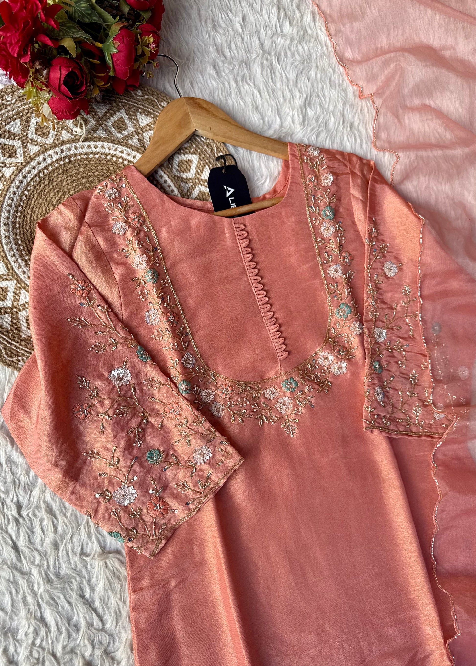 “Naayaab” Premium Peach Tissue silk handcrafted kurta set