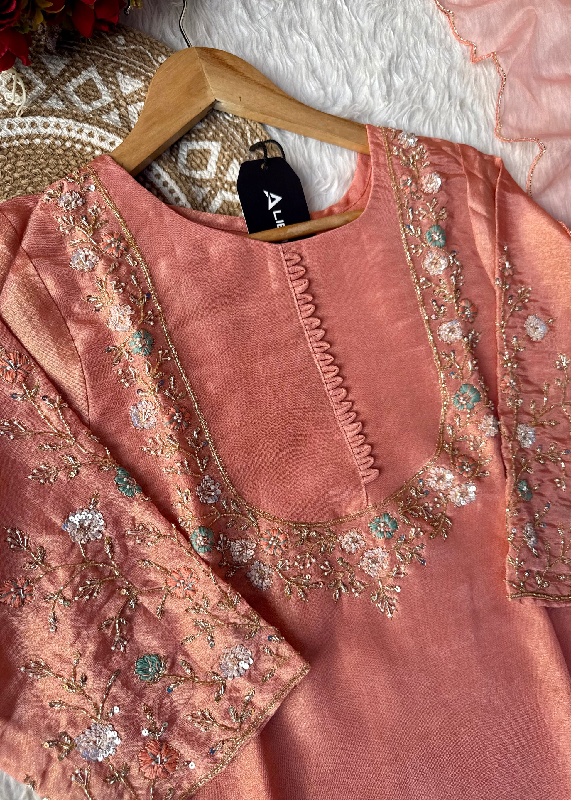 “Naayaab” Premium Peach Tissue silk handcrafted kurta set