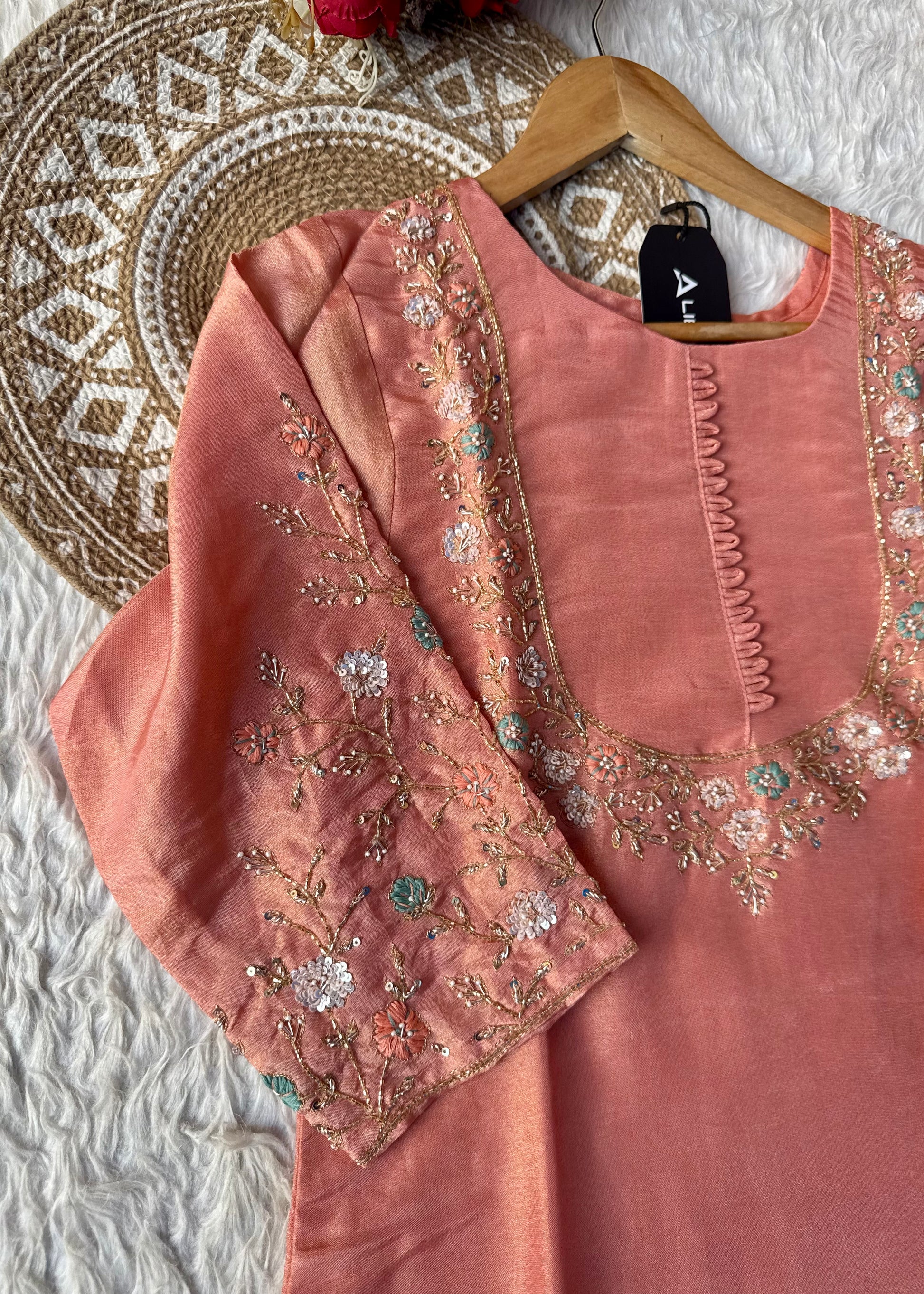 “Naayaab” Premium Peach Tissue silk handcrafted kurta set