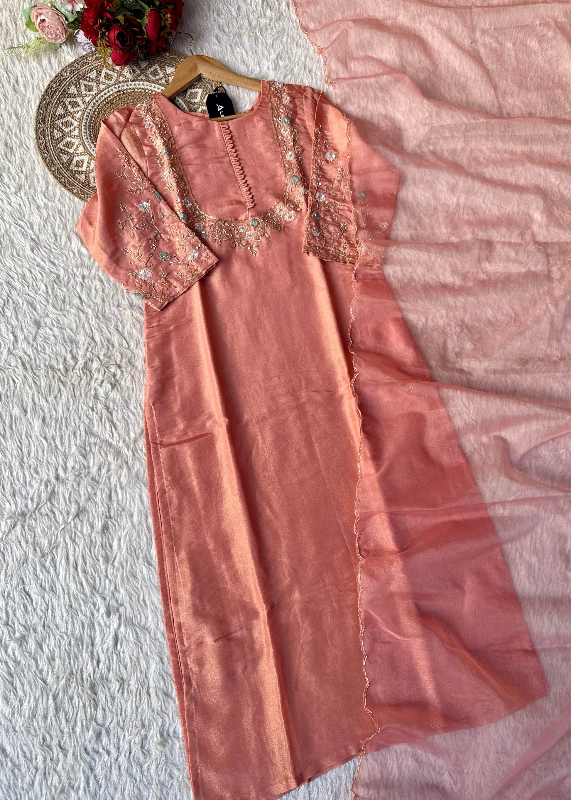 “Naayaab” Premium Peach Tissue silk handcrafted kurta set