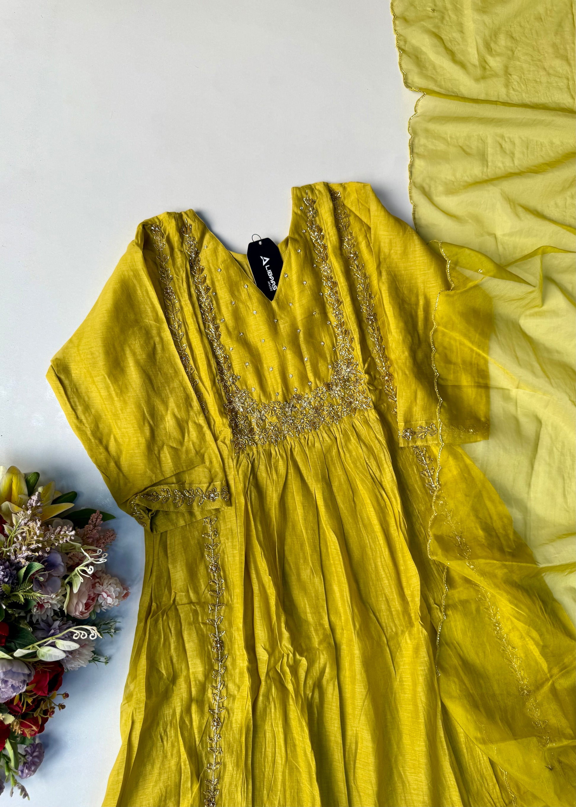 “Ayza” Premium Green Mul Chanderi A Line Suit set 🛍️