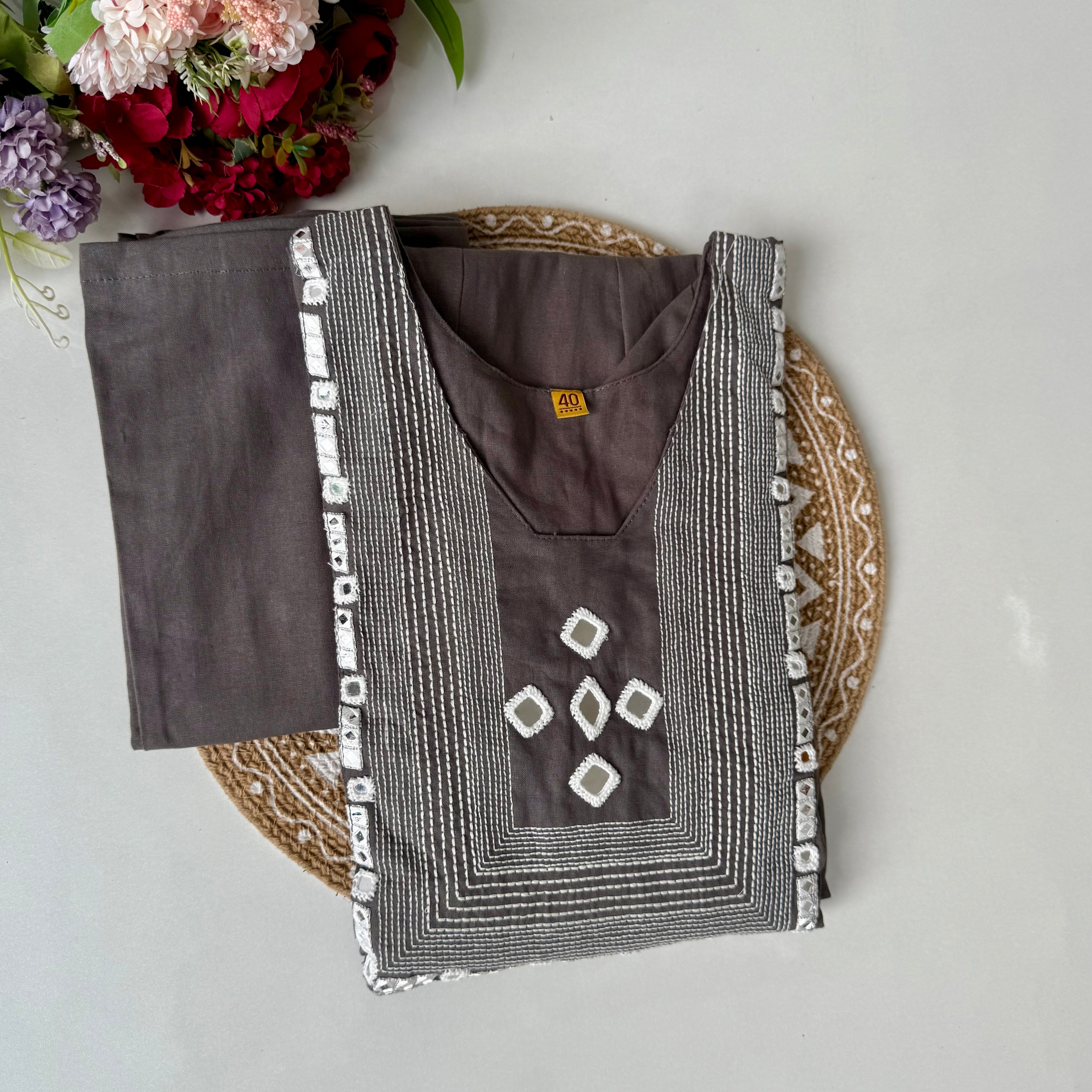 “IRYA" Grey Mirror work cotton Anarkali kurta set