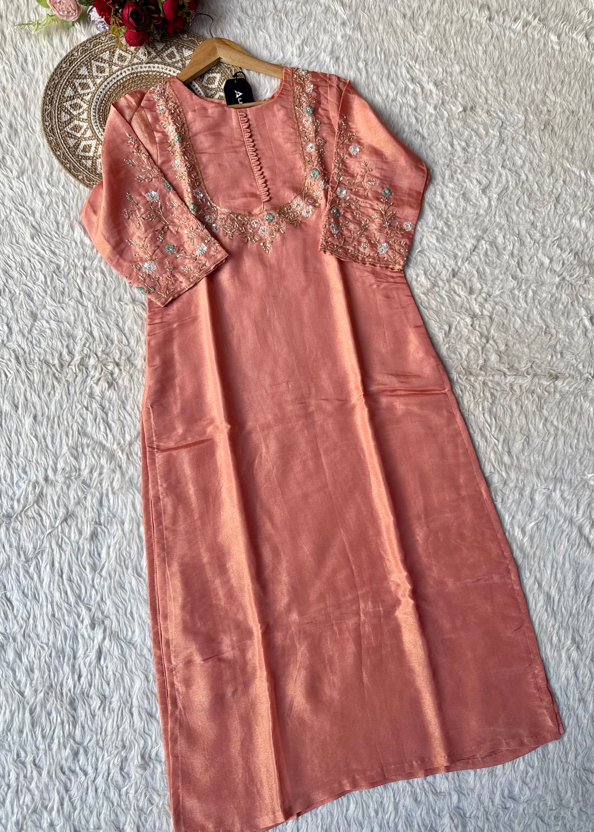 “Naayaab” Premium Peach Tissue silk handcrafted kurta set