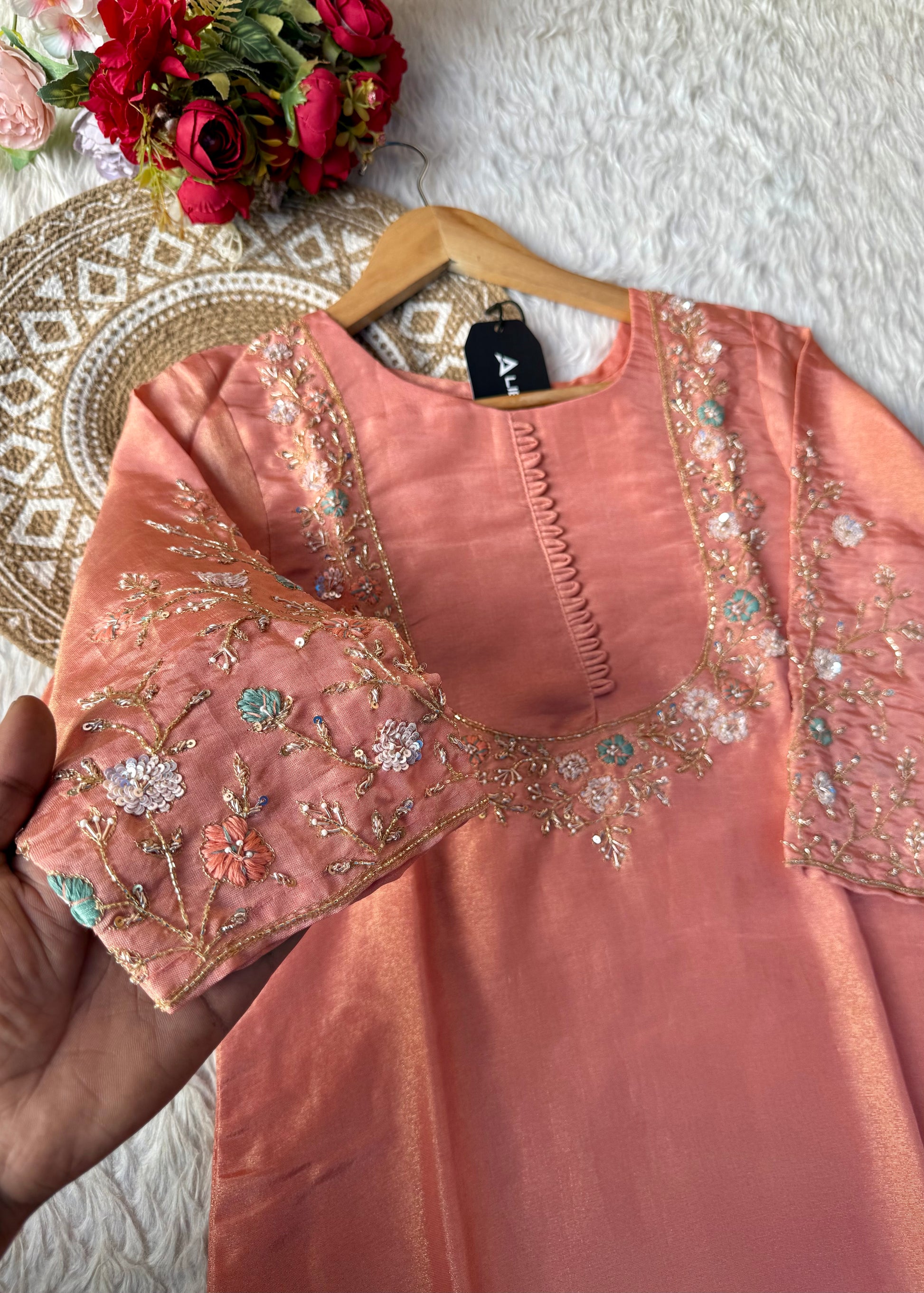 “Naayaab” Premium Peach Tissue silk handcrafted kurta set