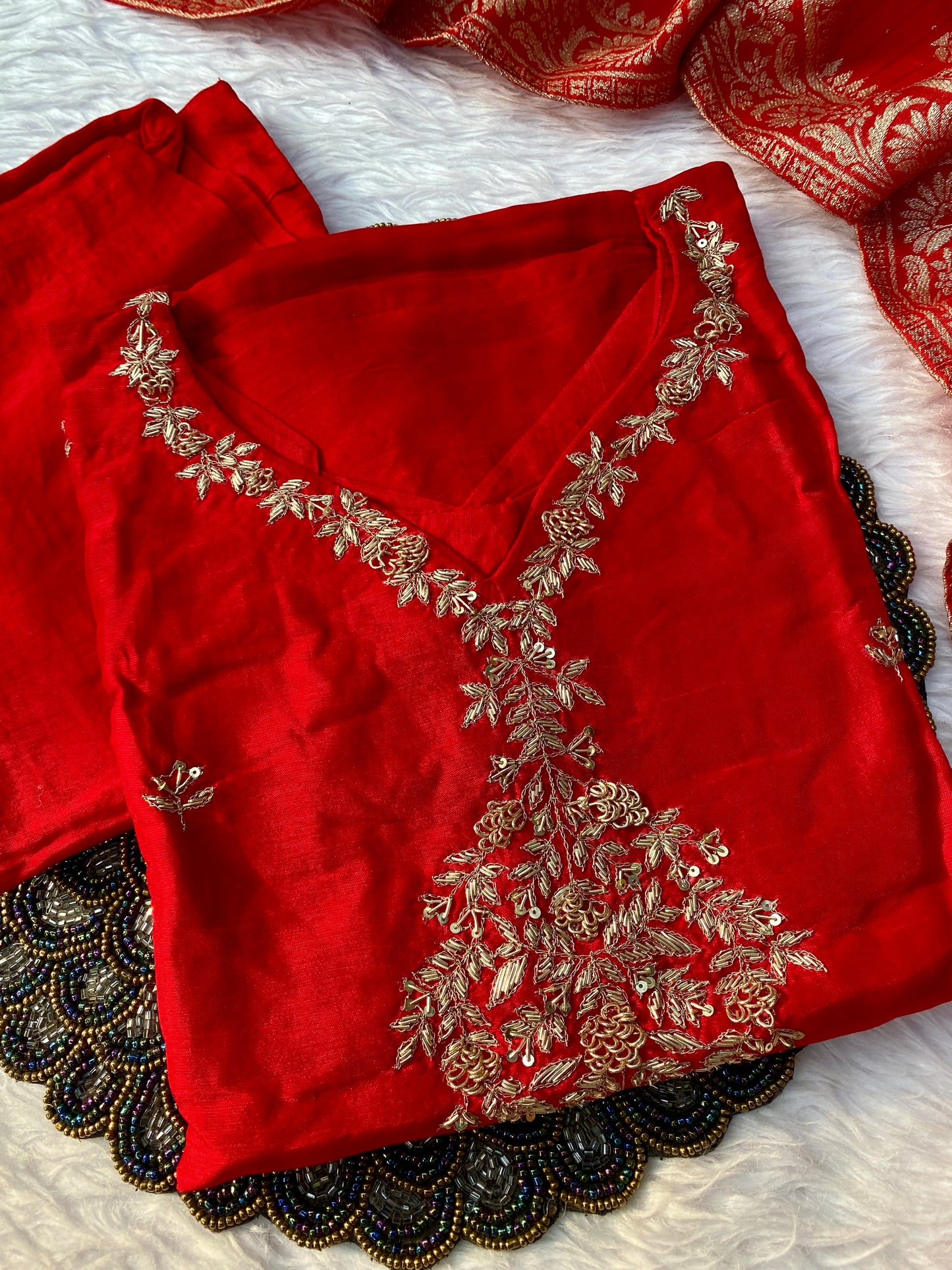 "Khushali" Silver zardozi work dola silk set