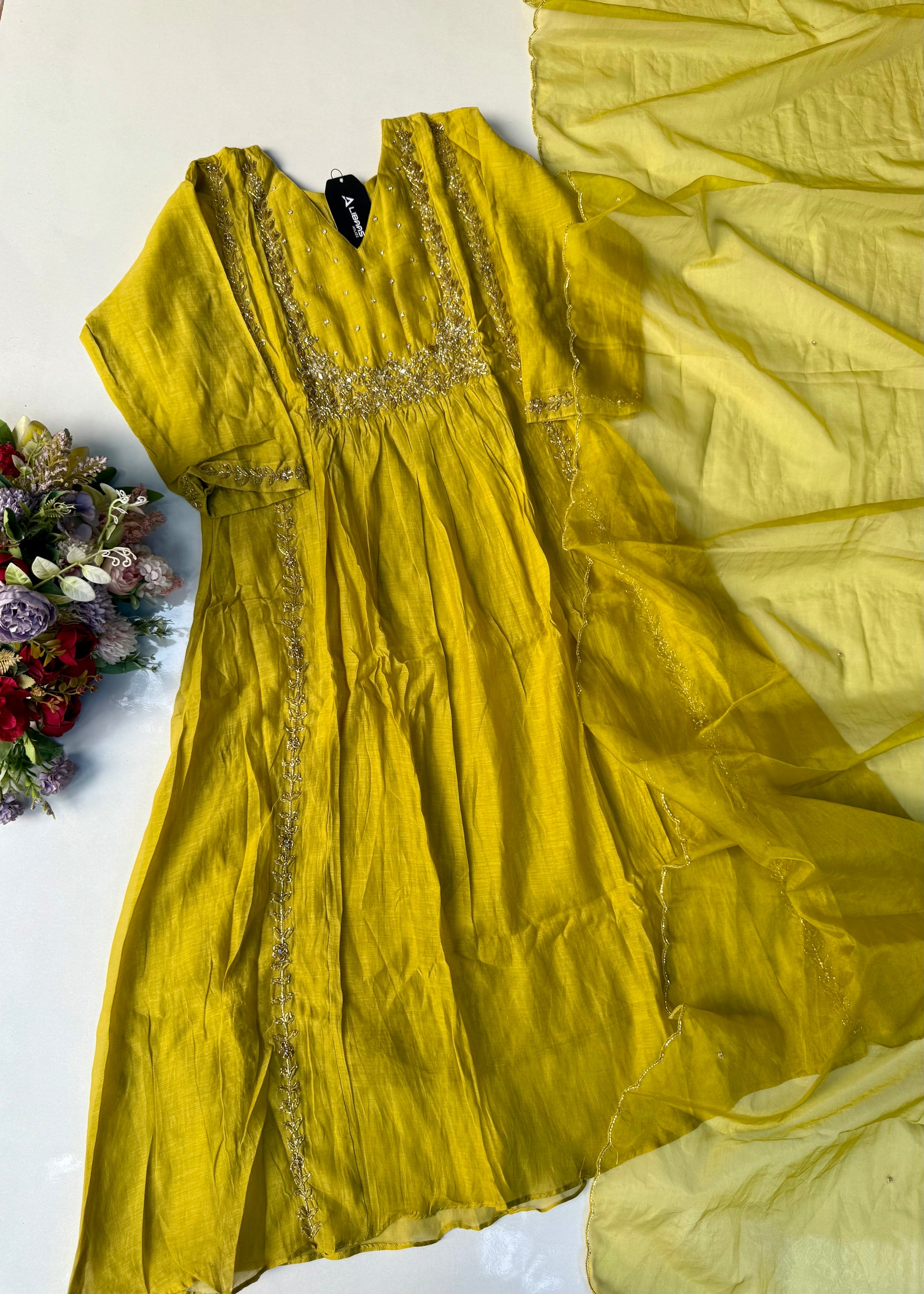 “Ayza” Premium Green Mul Chanderi A Line Suit set 🛍️