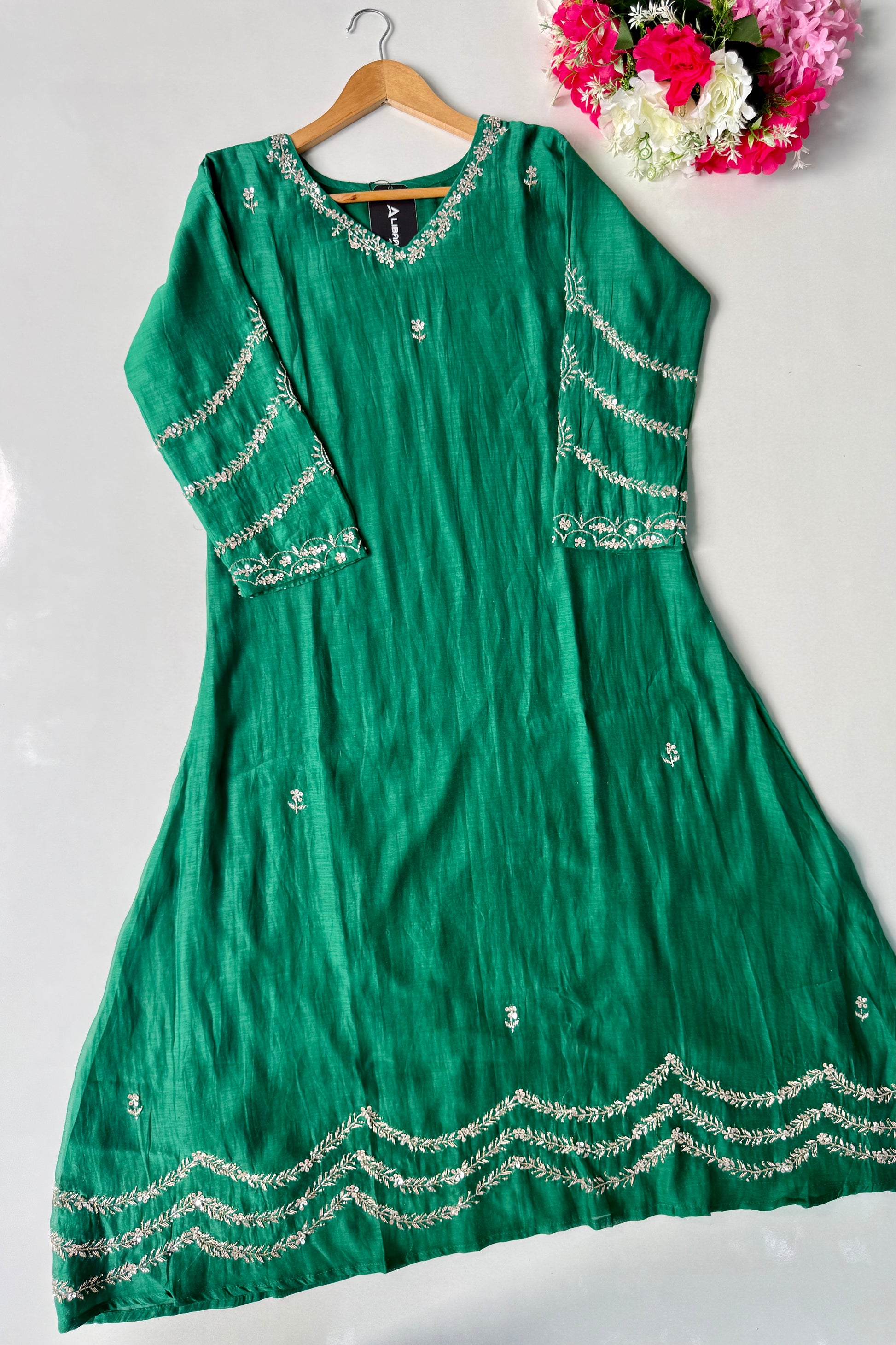 ✨”Eshal - Premium Green Mul Chanderi A-Line Kurta Set