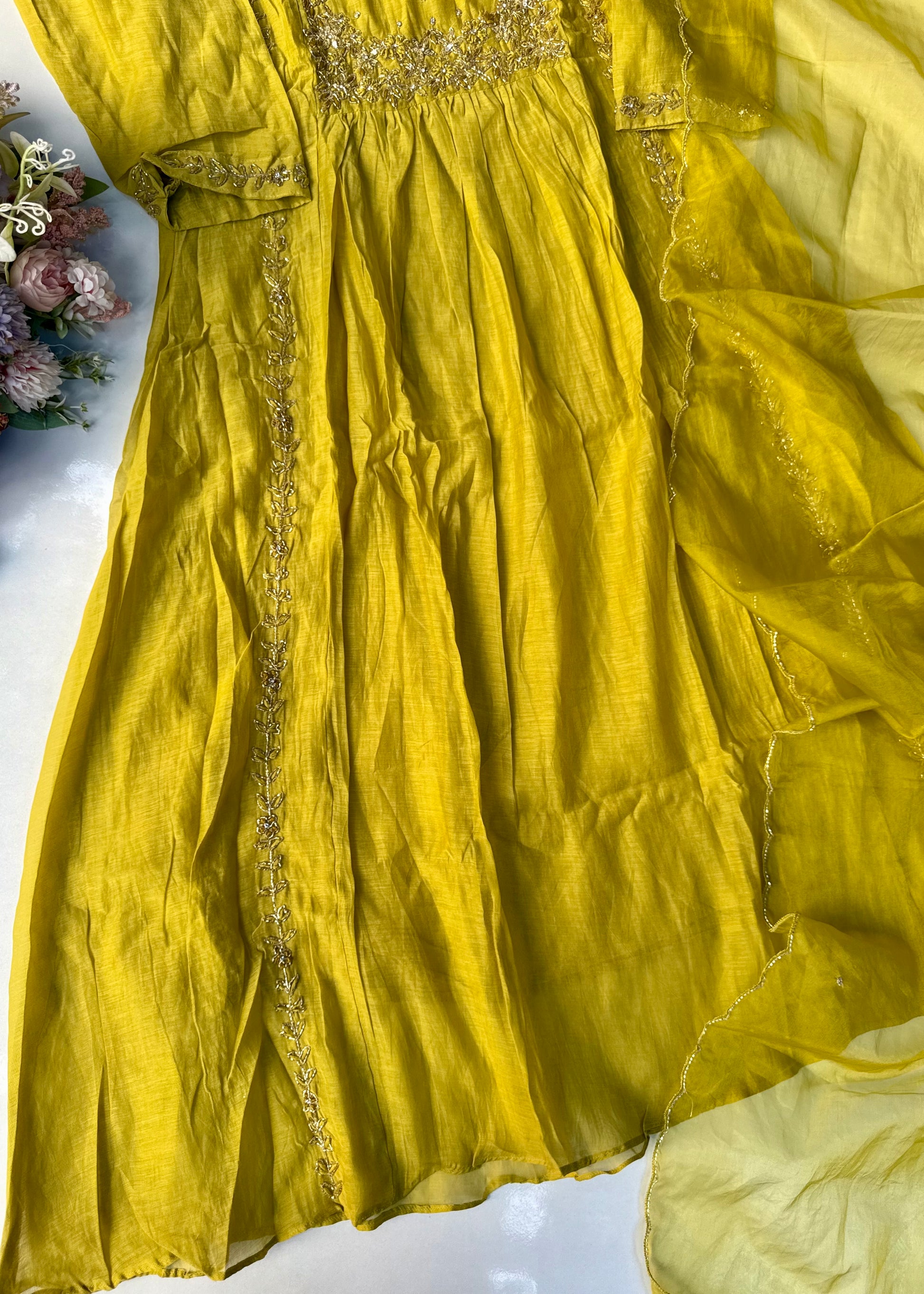 “Ayza” Premium Green Mul Chanderi A Line Suit set 🛍️