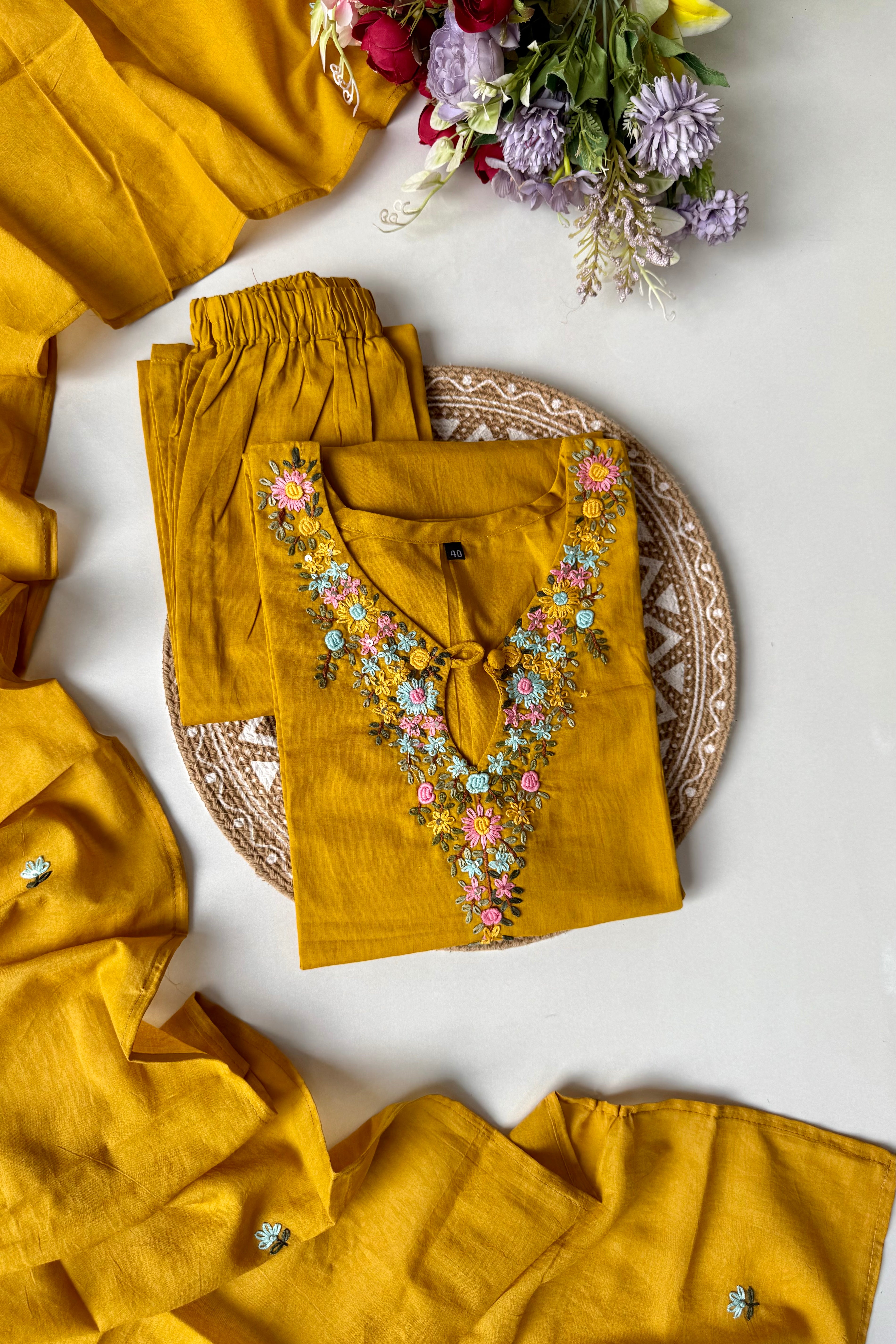 “Avnika” Premium cotton thread work kurta set