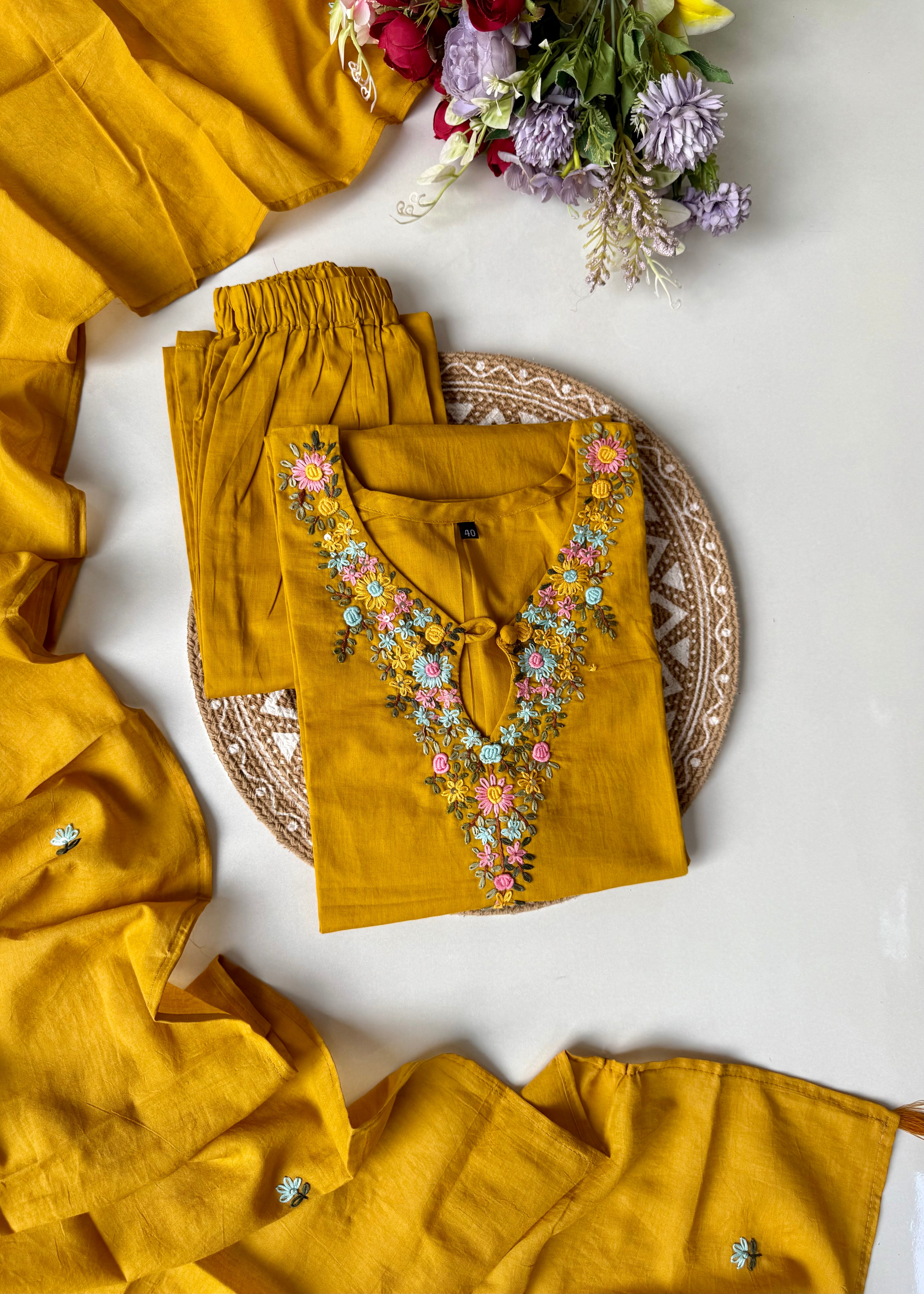 “Avnika” Premium cotton thread work kurta set