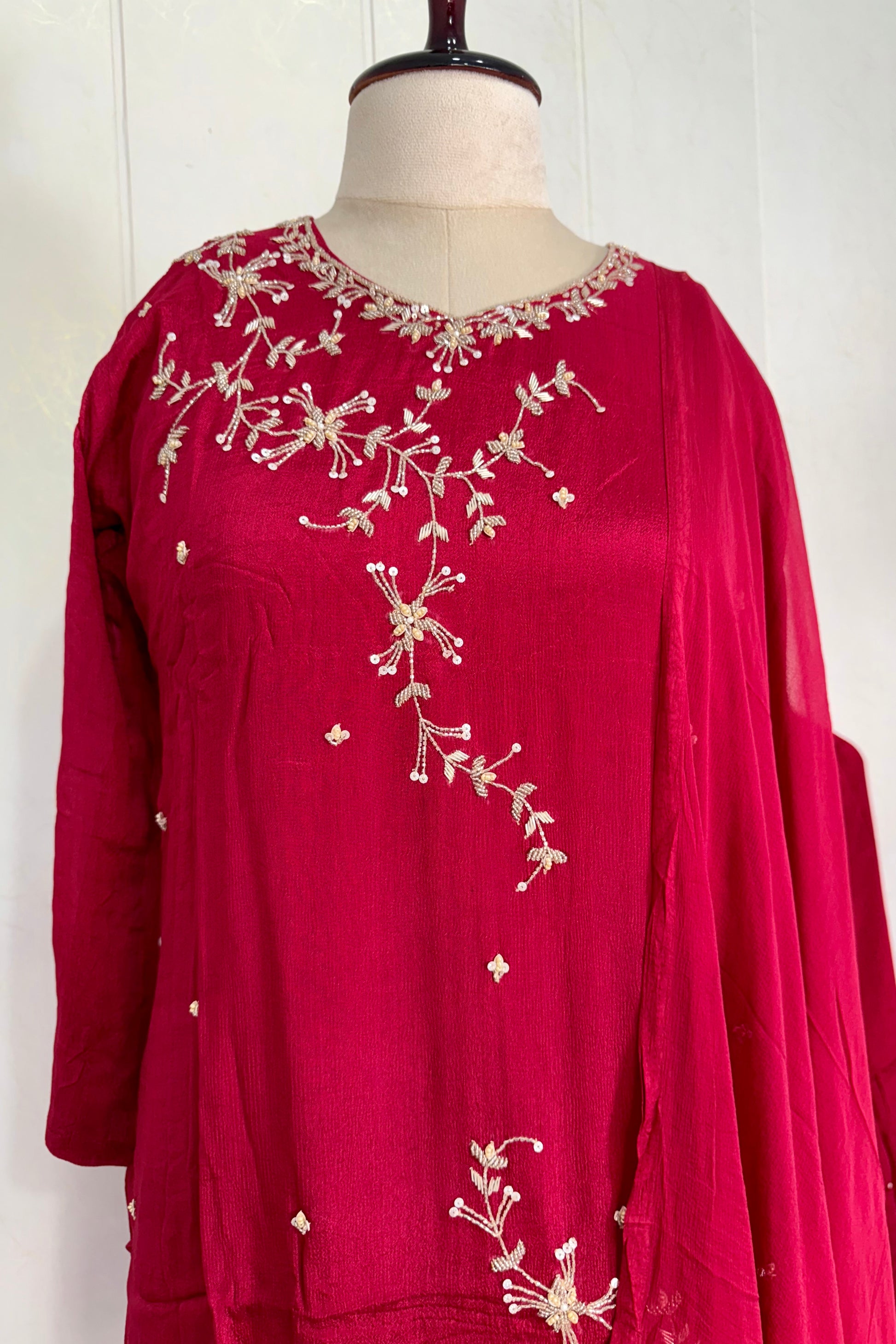 “Alya” Chinnon Silk Heavy Handwork Kurta Palazzo Set with Dupatta