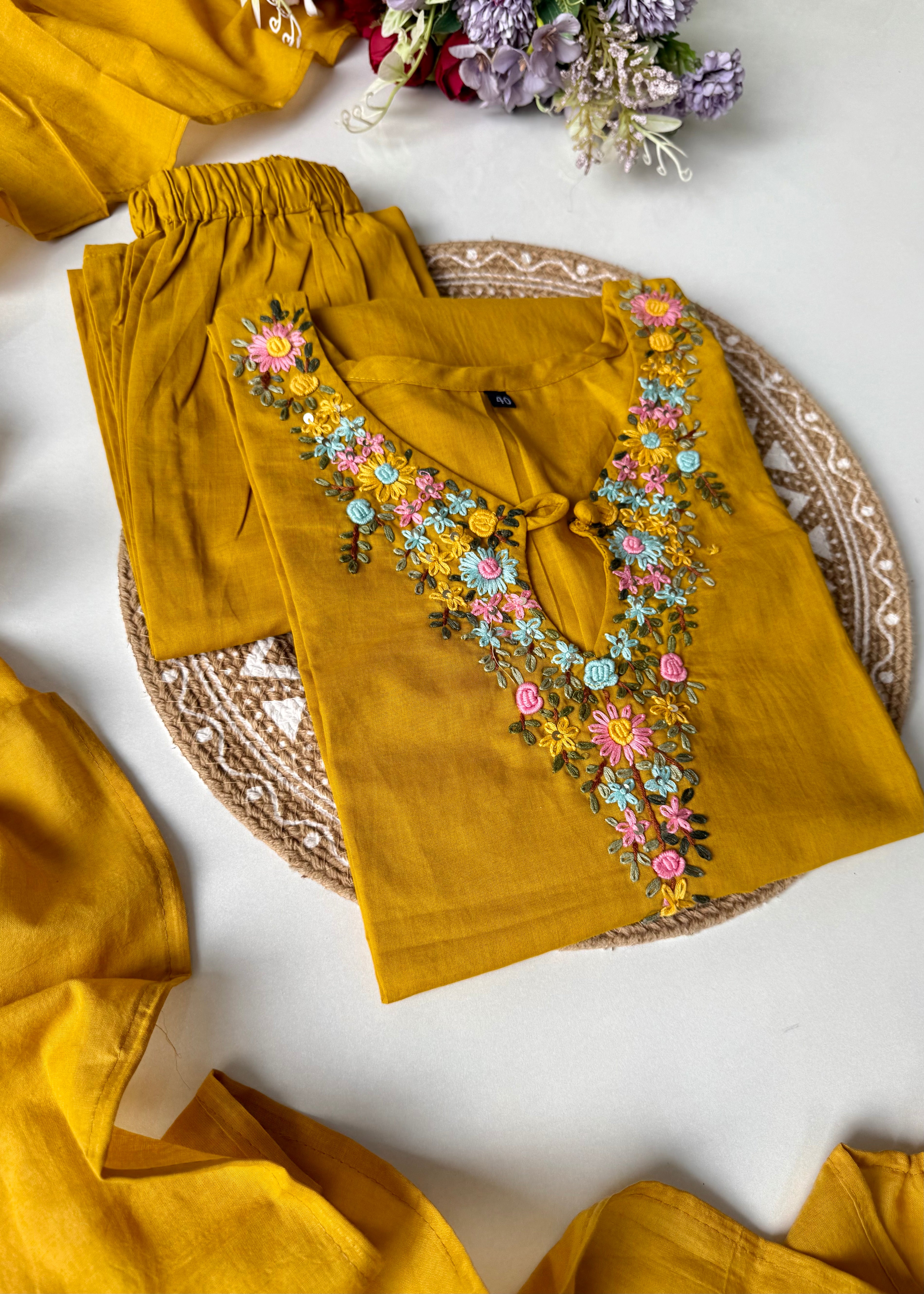 “Avnika” Premium cotton thread work kurta set