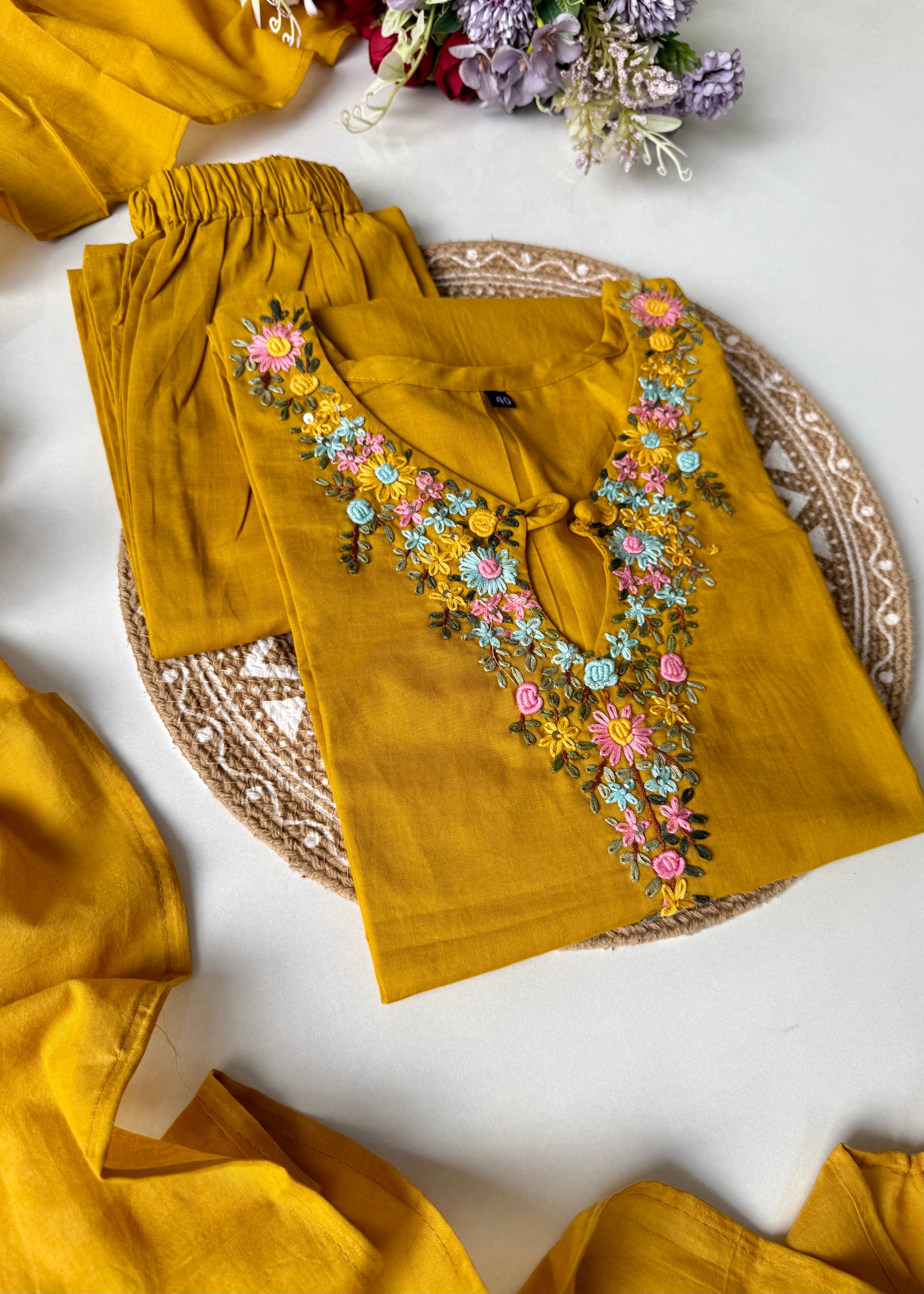 “Avnika” Premium cotton thread work kurta set
