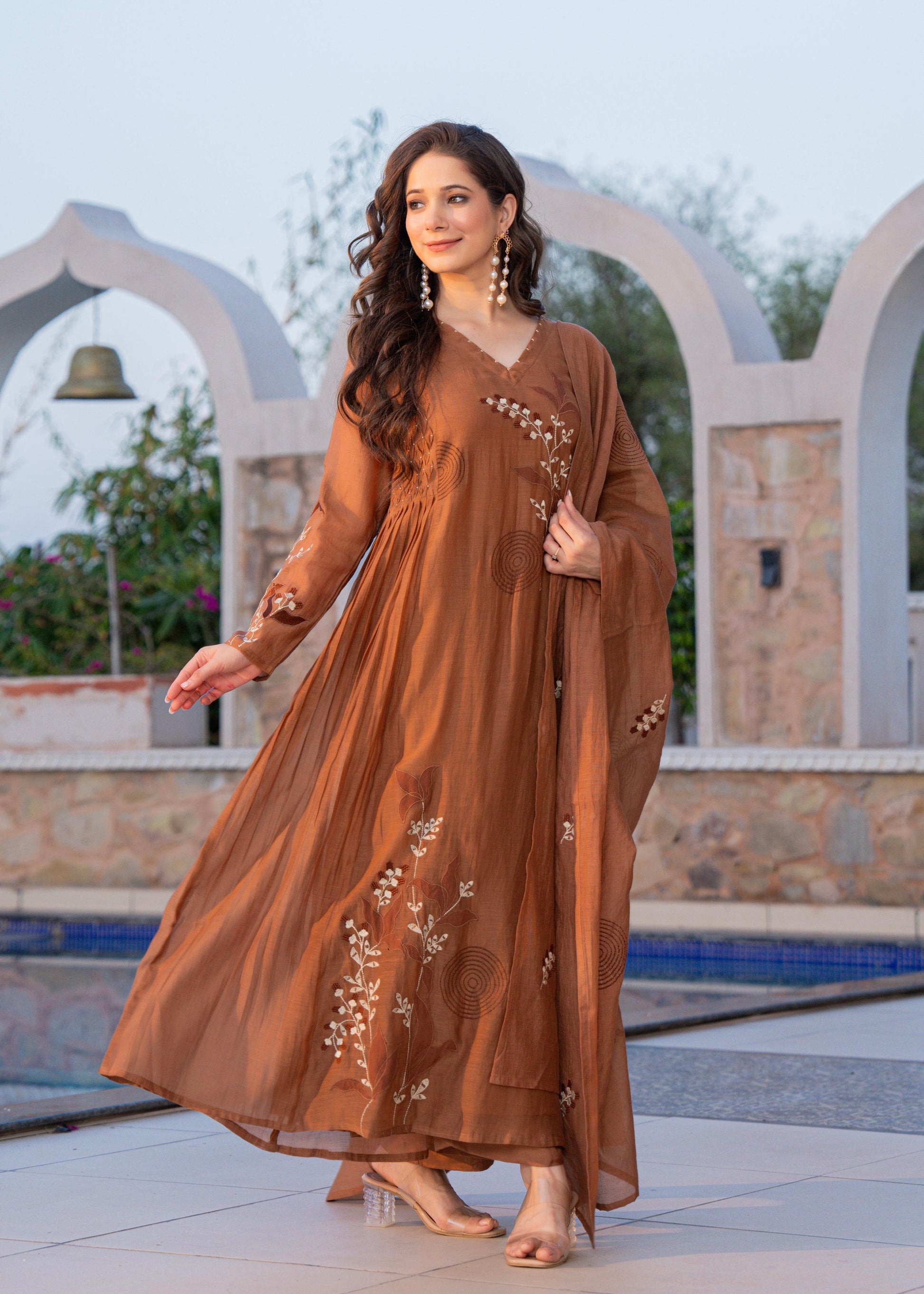 “SIZUMI” Rust Orange Mul Chanderi party wear anarkali suit set