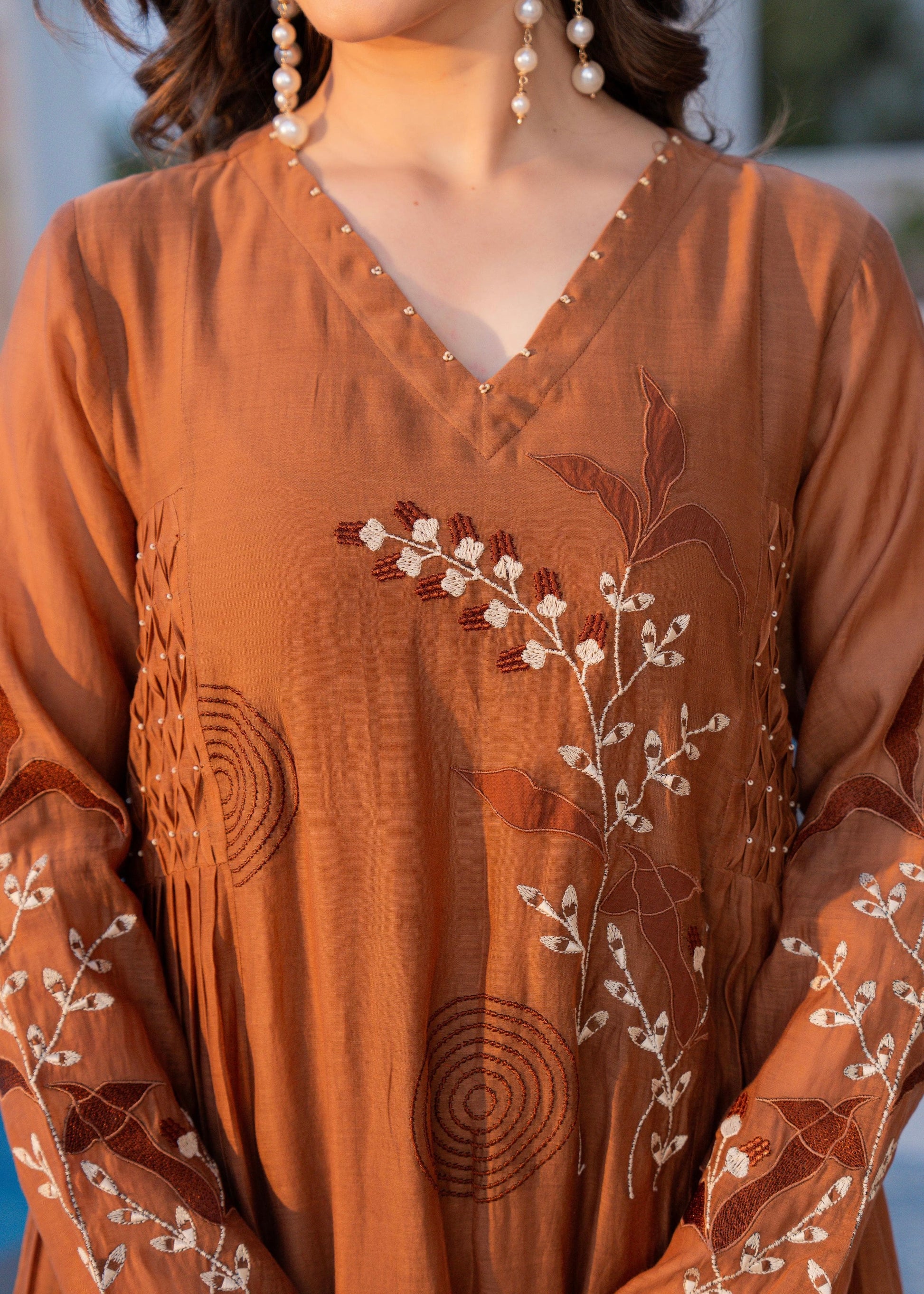 “SIZUMI” Rust Orange Mul Chanderi party wear anarkali suit set