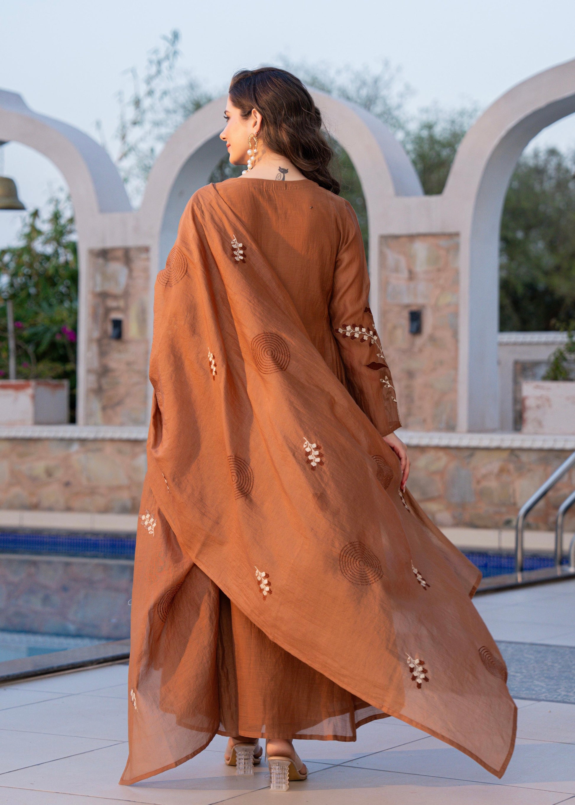 “SIZUMI” Rust Orange Mul Chanderi party wear anarkali suit set