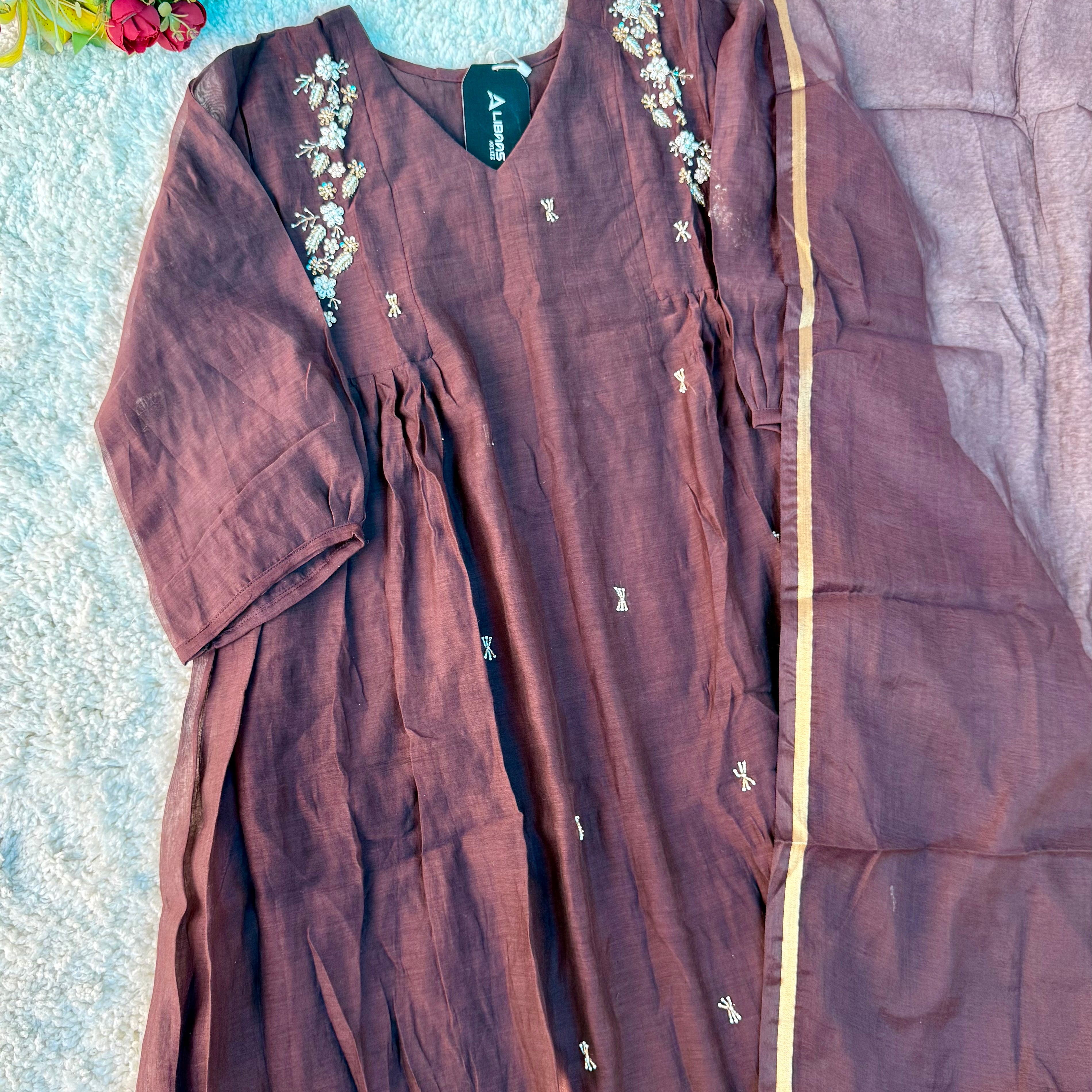 “Zayna” Premium Rich Brown Mul Chanderi anarkali kurta set