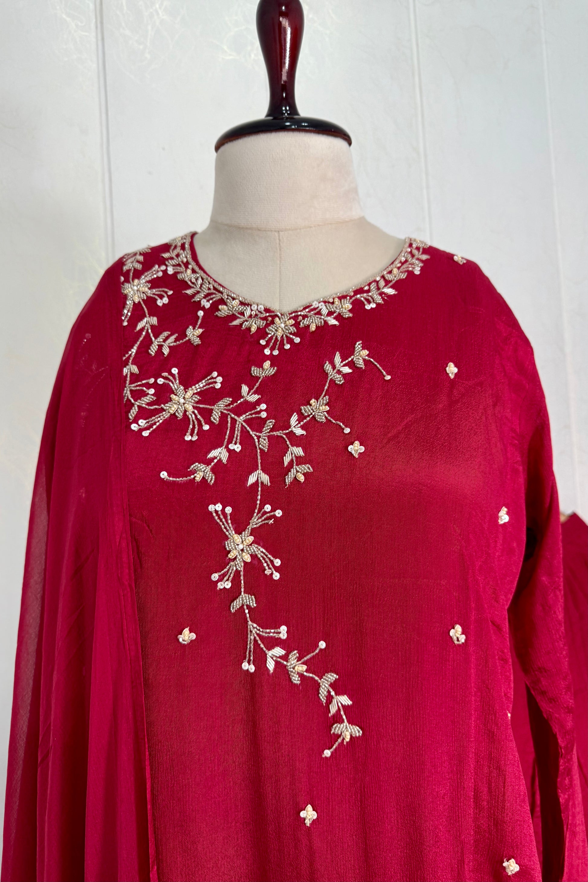 “Alya” Chinnon Silk Heavy Handwork Kurta Palazzo Set with Dupatta