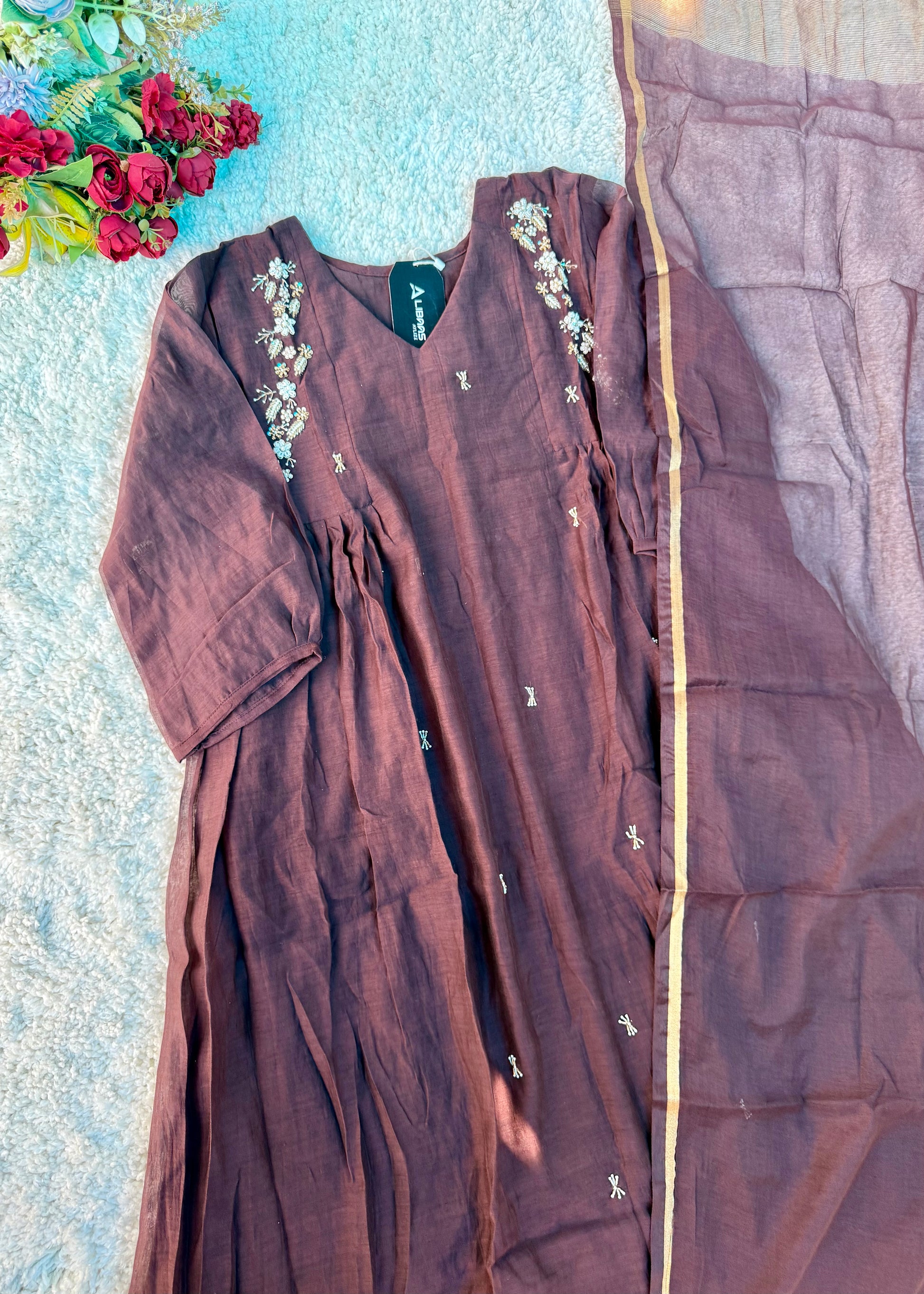 “Zayna” Premium Rich Brown Mul Chanderi anarkali kurta set